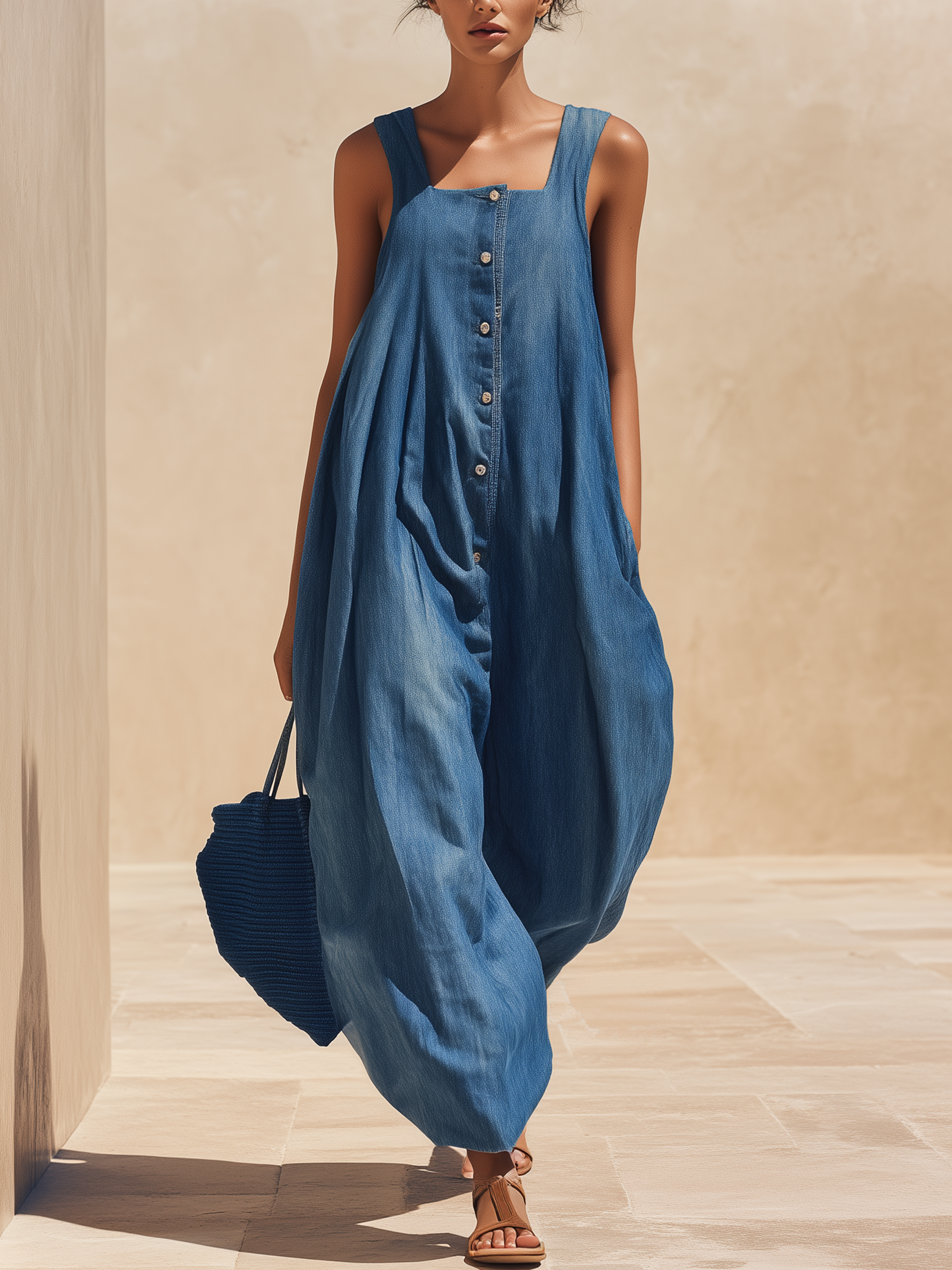 Square Neck Button-Front Oversized Denim Jumpsuit