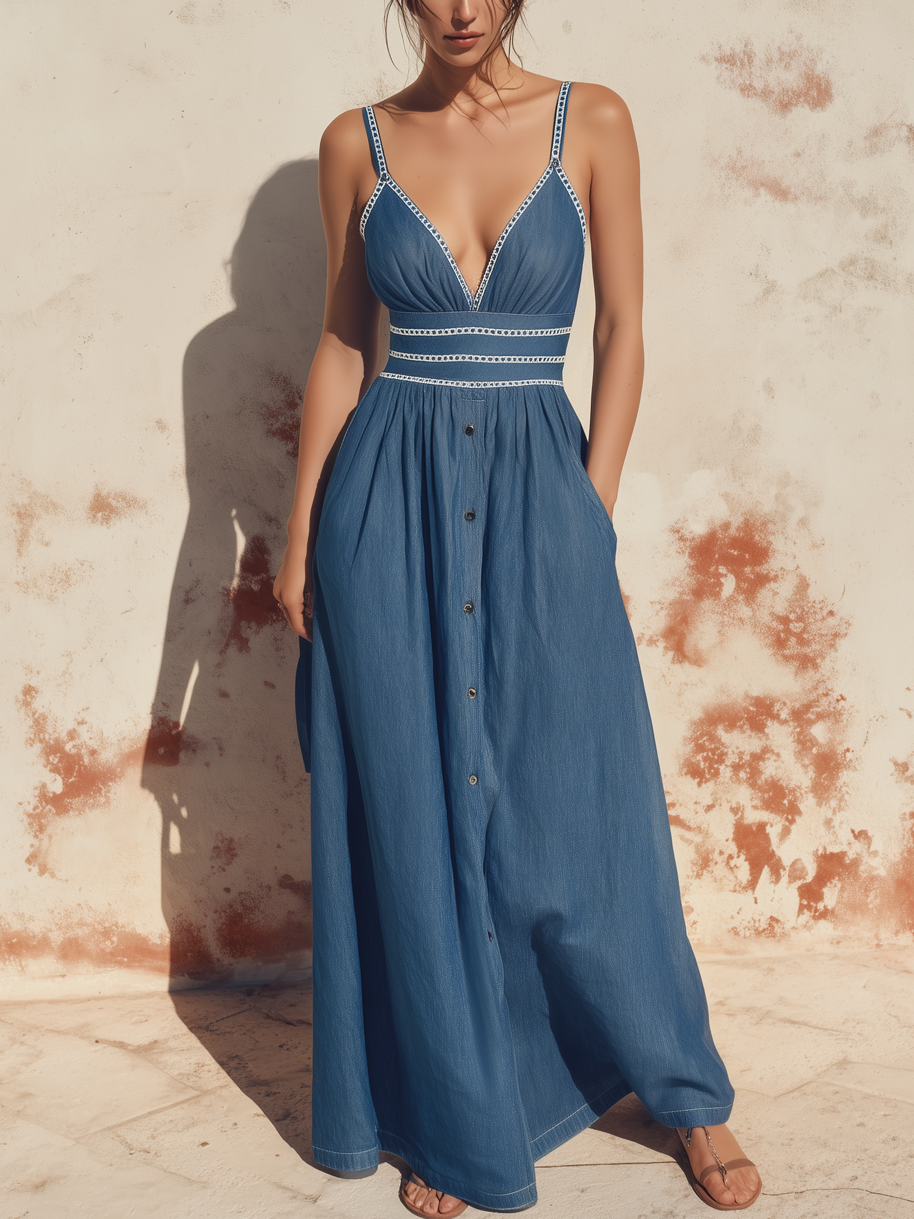 Contrast Stitch Waist Button-Front Denim Maxi Dress