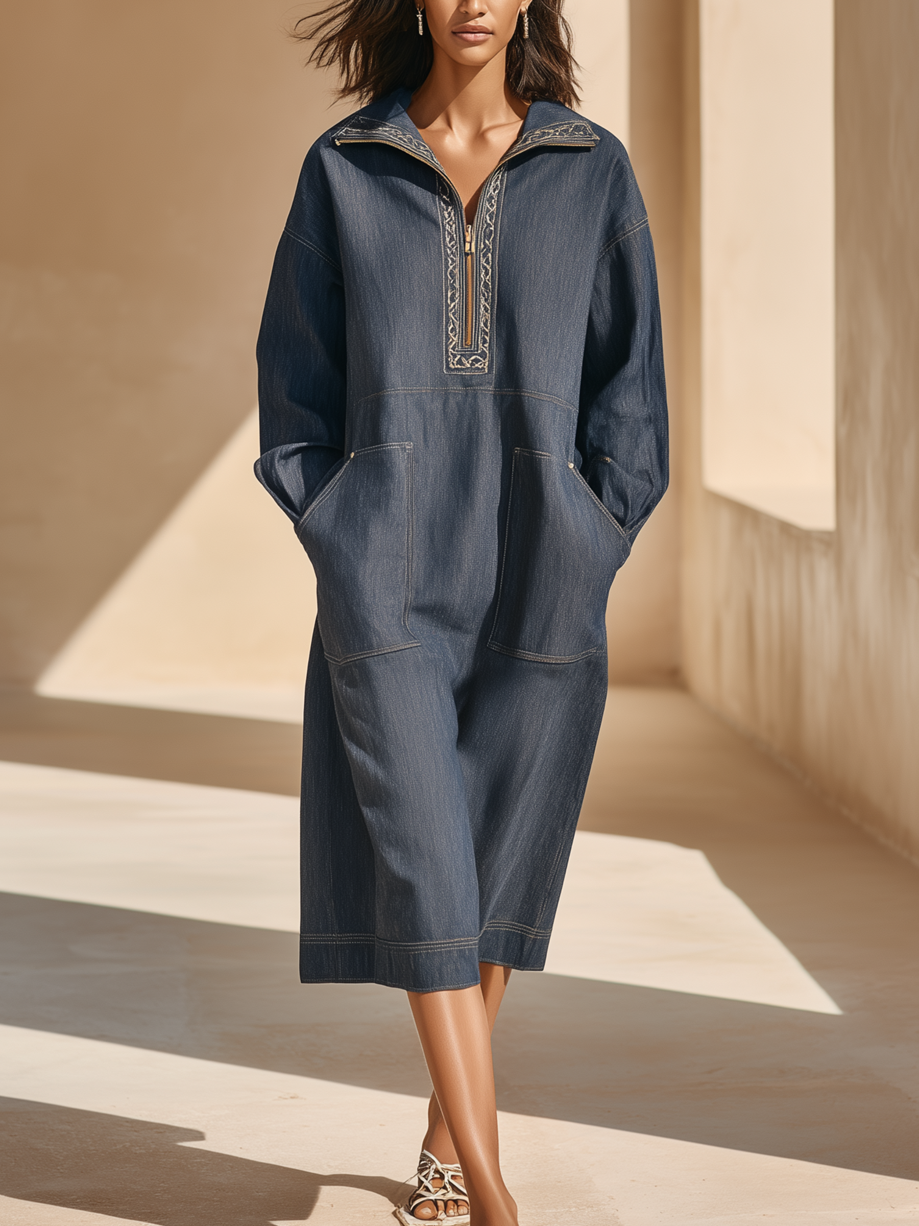 Midnight Blue Embroidered Half-Zip Denim Midi Dress