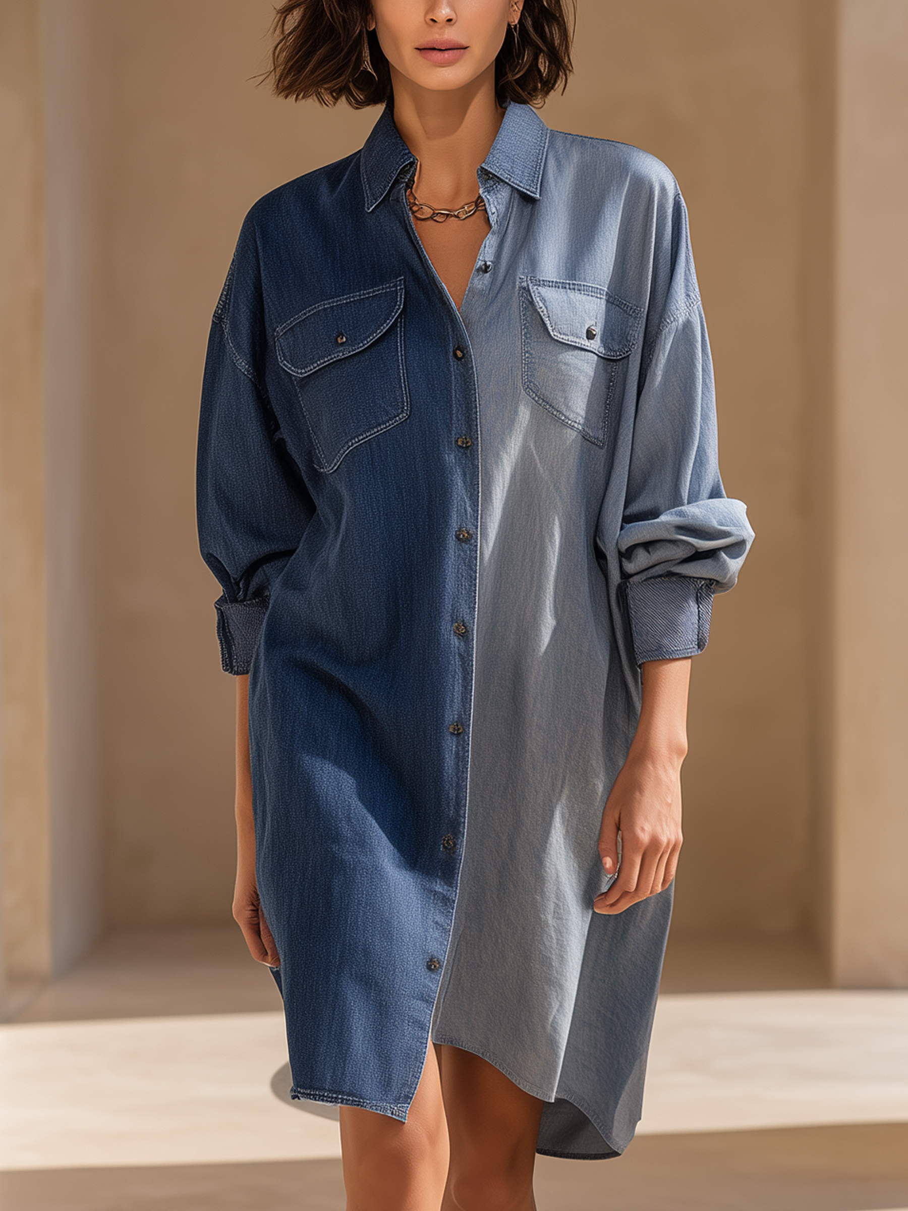 Two-Tone Denim Shirt Dress | Loose Fit Color Block Washed Button-Down Midi Dress