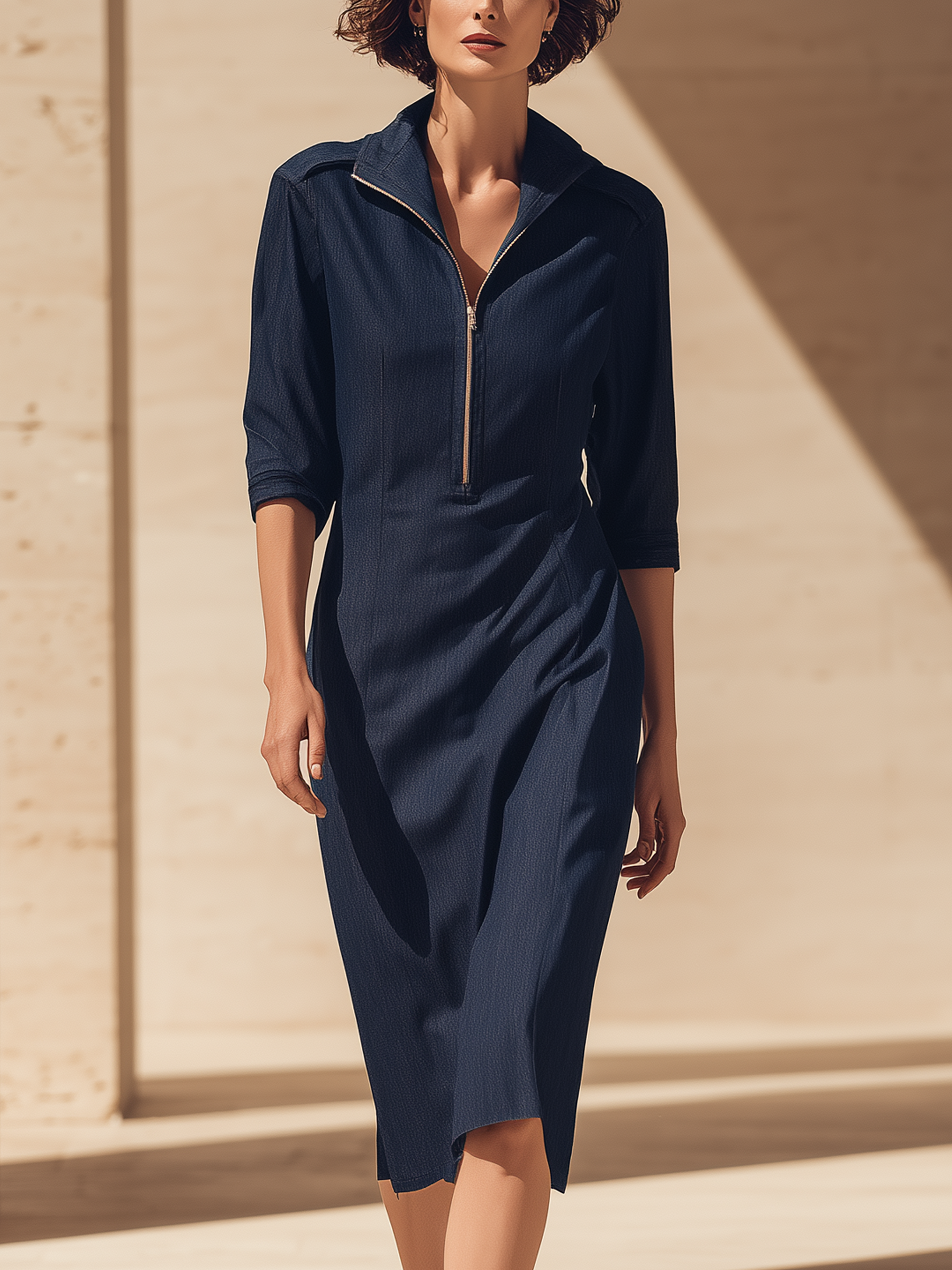 Navy Blue Denim Zip-Neck Sheath Midi Dress