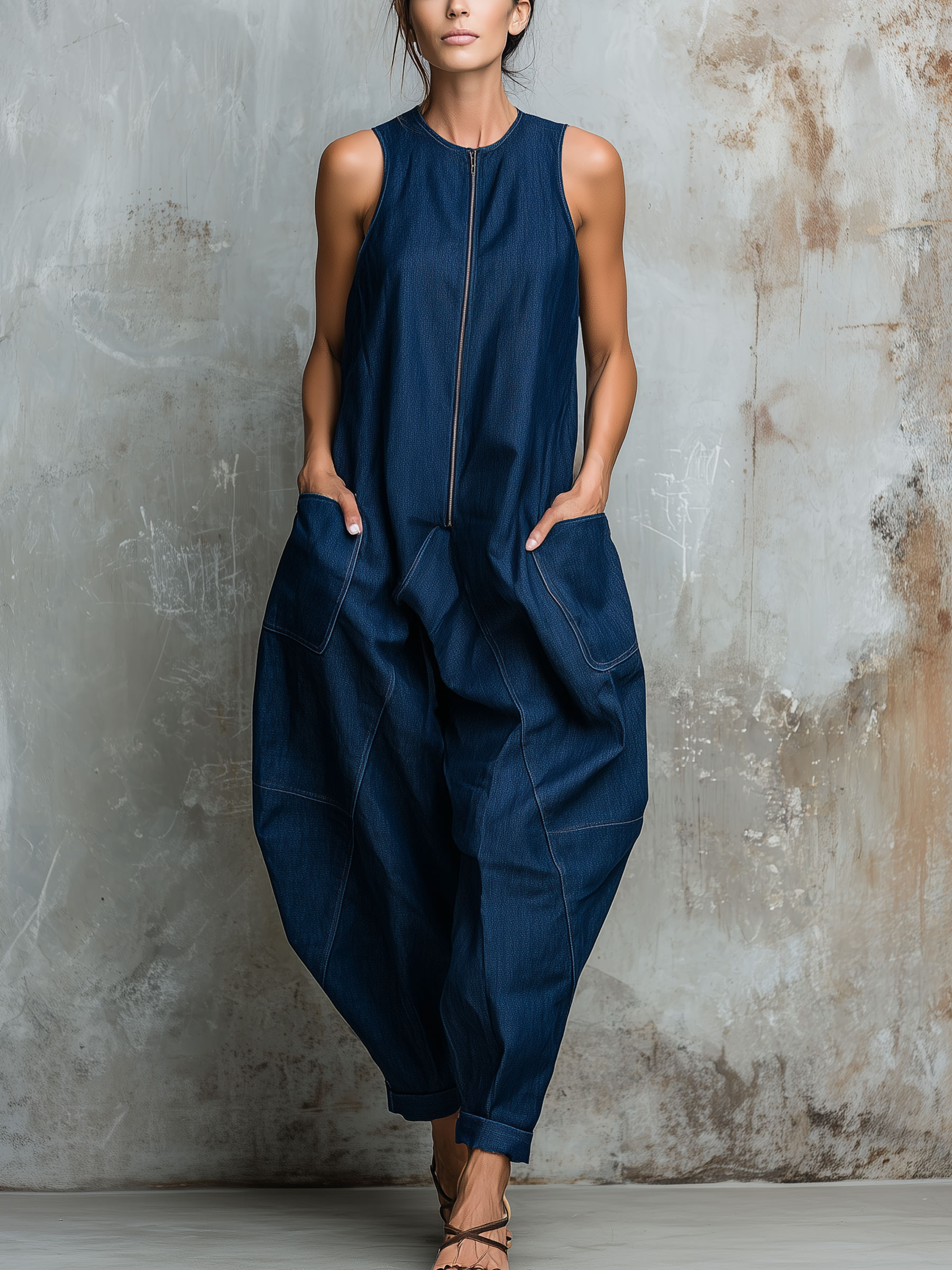 Dark Wash Denim Sleeveless Balloon Jumpsuit