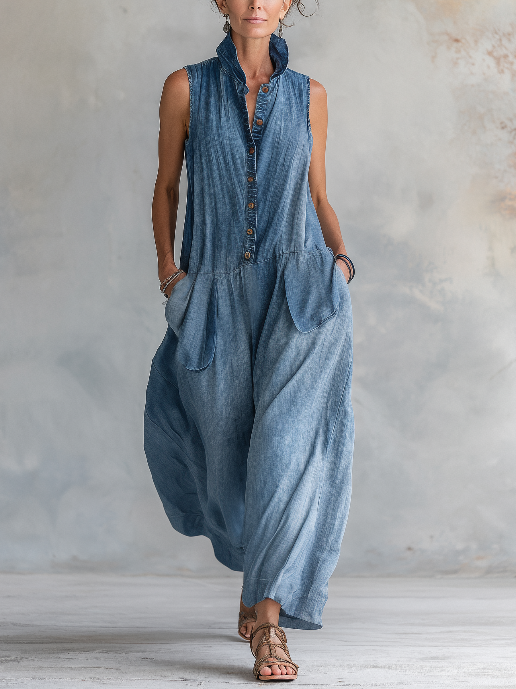 Sleeveless Stand Collar Button-Front Wide Leg Denim Jumpsuit