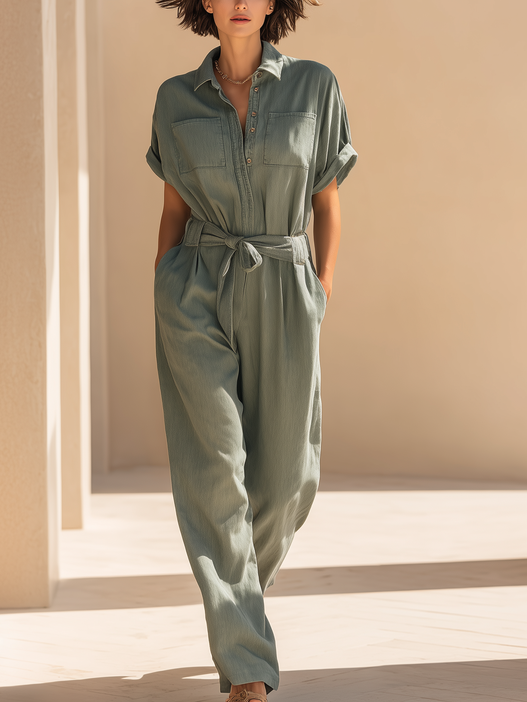 Sage Green Denim Jumpsuit | Tie-Waist Wide-Leg Jumpsuit