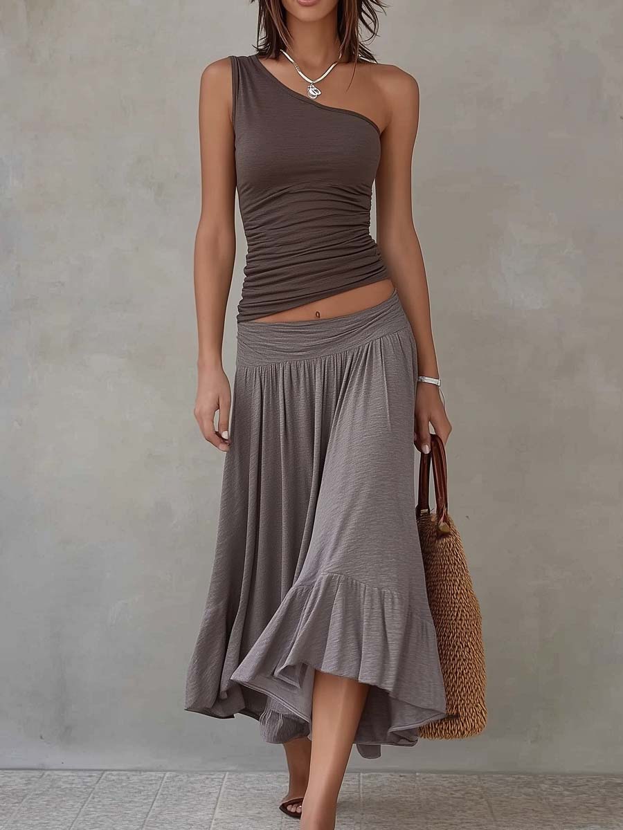 Retro Off-the-shoulder Top And Skirt Set