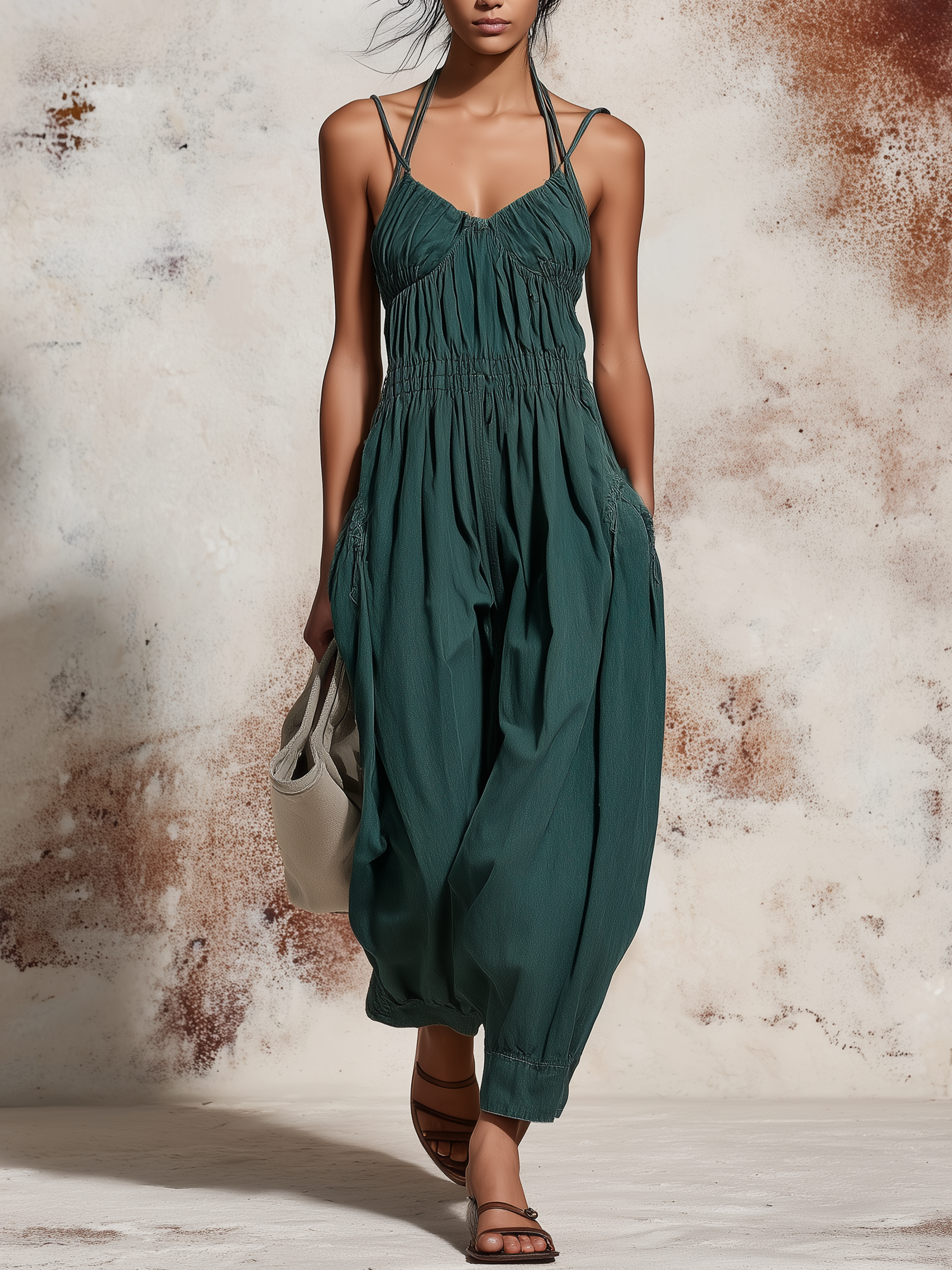 Halter Strap Smocked Waist Denim Jumpsuit