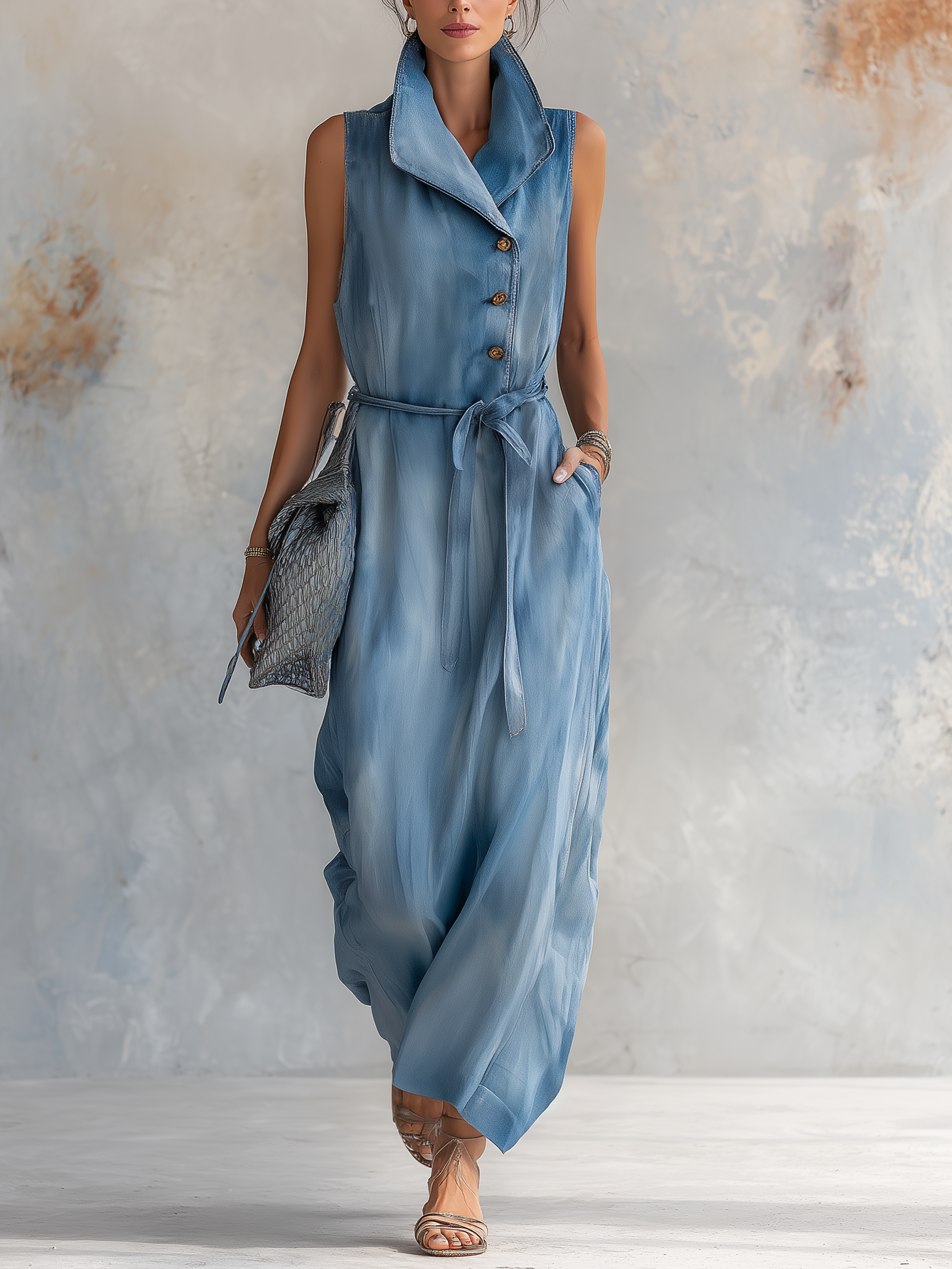 Women's Sleeveless Belted Denim Maxi Dress