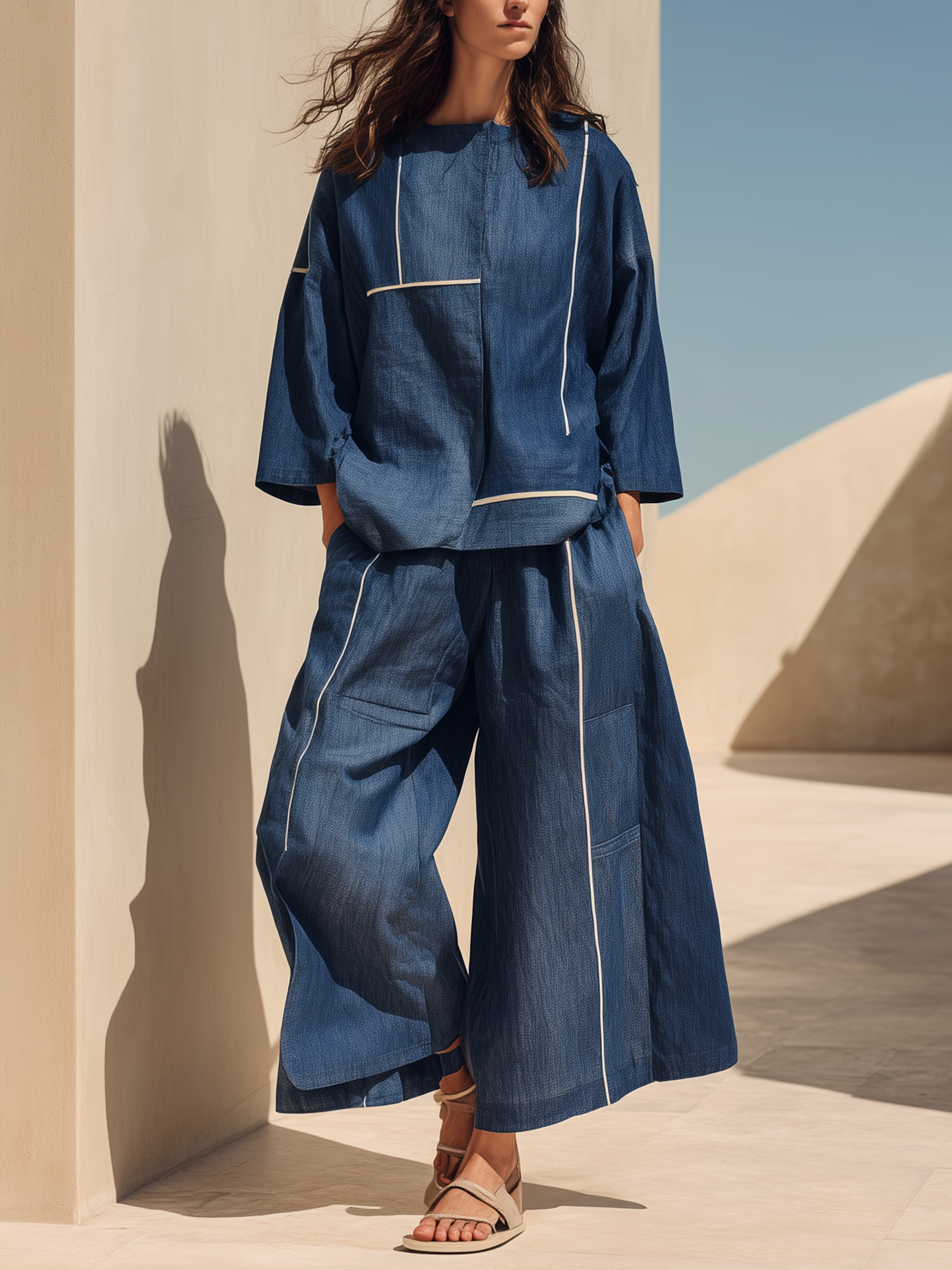 Women's Midnight Blue Denim Contrast Stitch Oversized Top & Wide-Leg Culottes Set