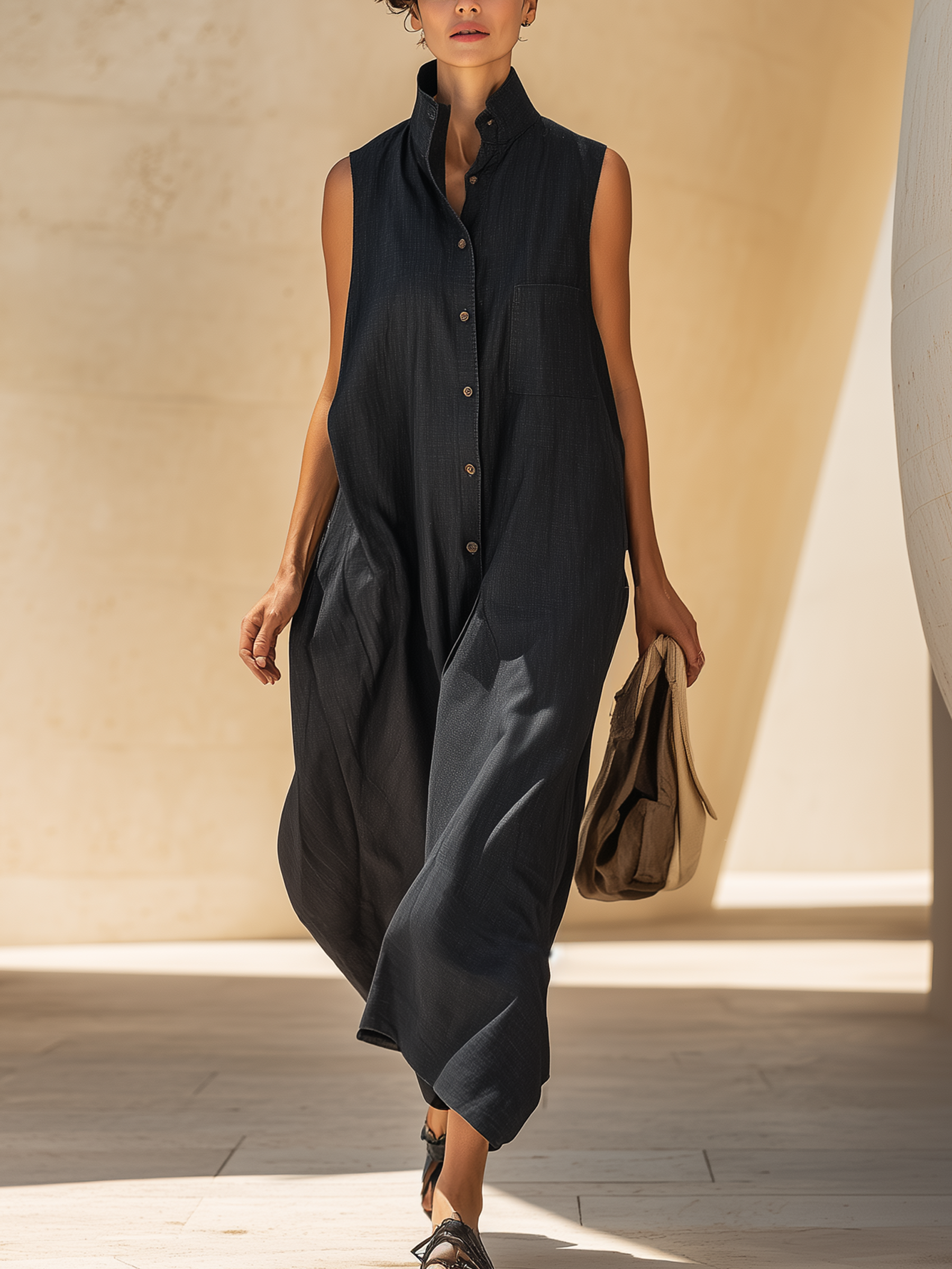 Dark Denim Sleeveless Maxi Shirt Dress