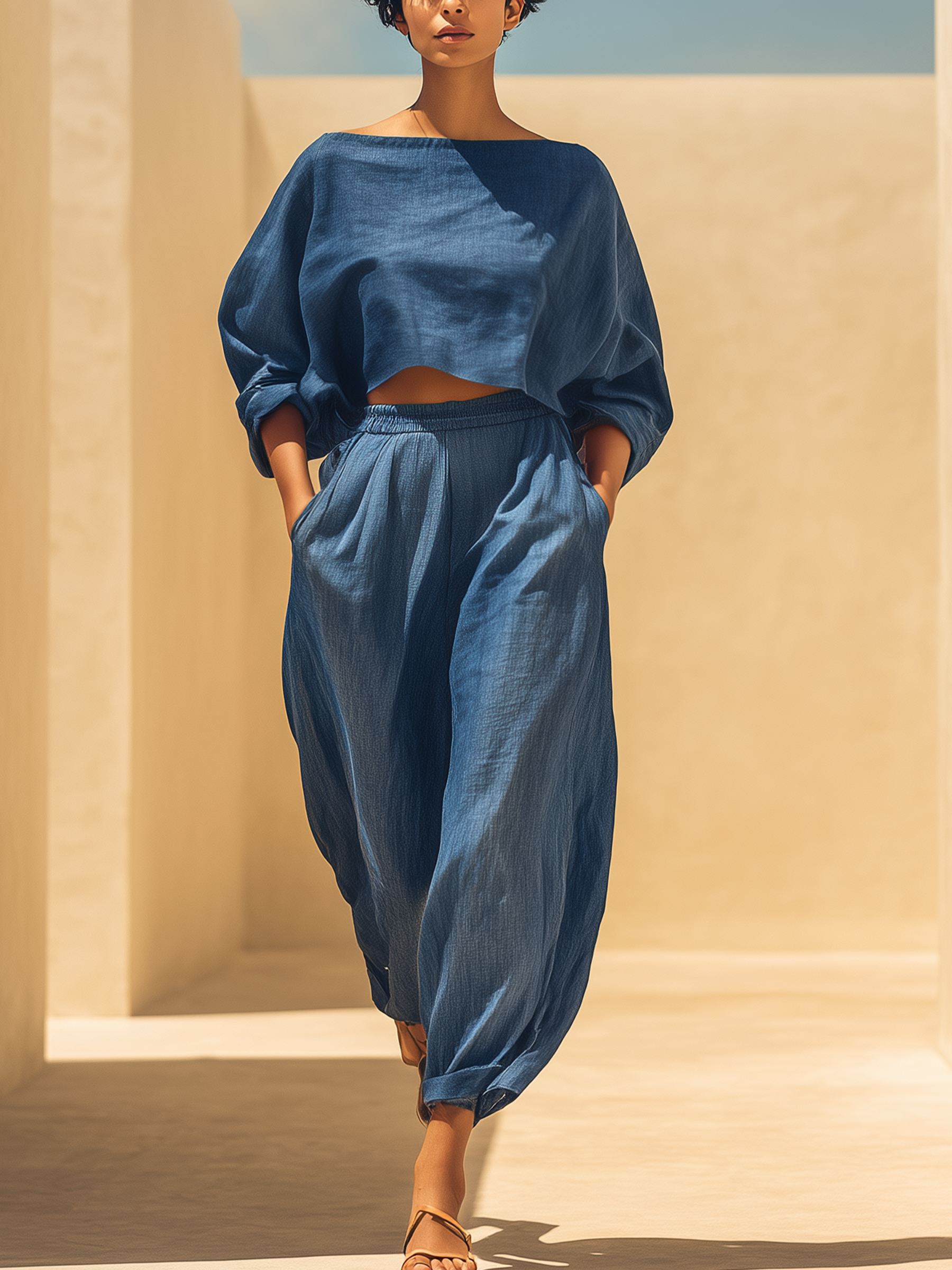 Blue Denim-Like Two-Piece Set: Boat Neck Crop Top & Balloon Pants