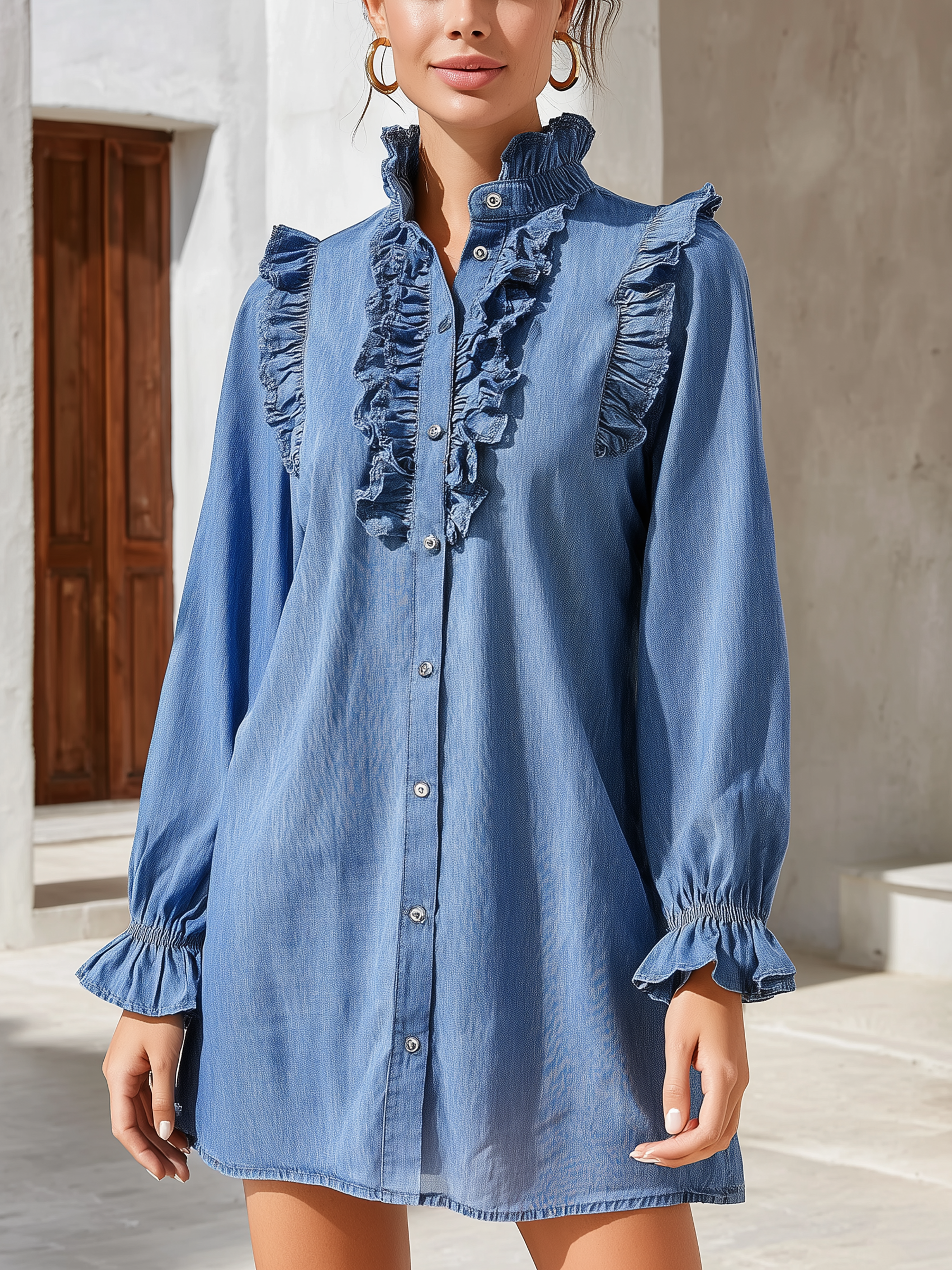 Mid Blue Ruffled High-Neck Denim Shirt Dress
