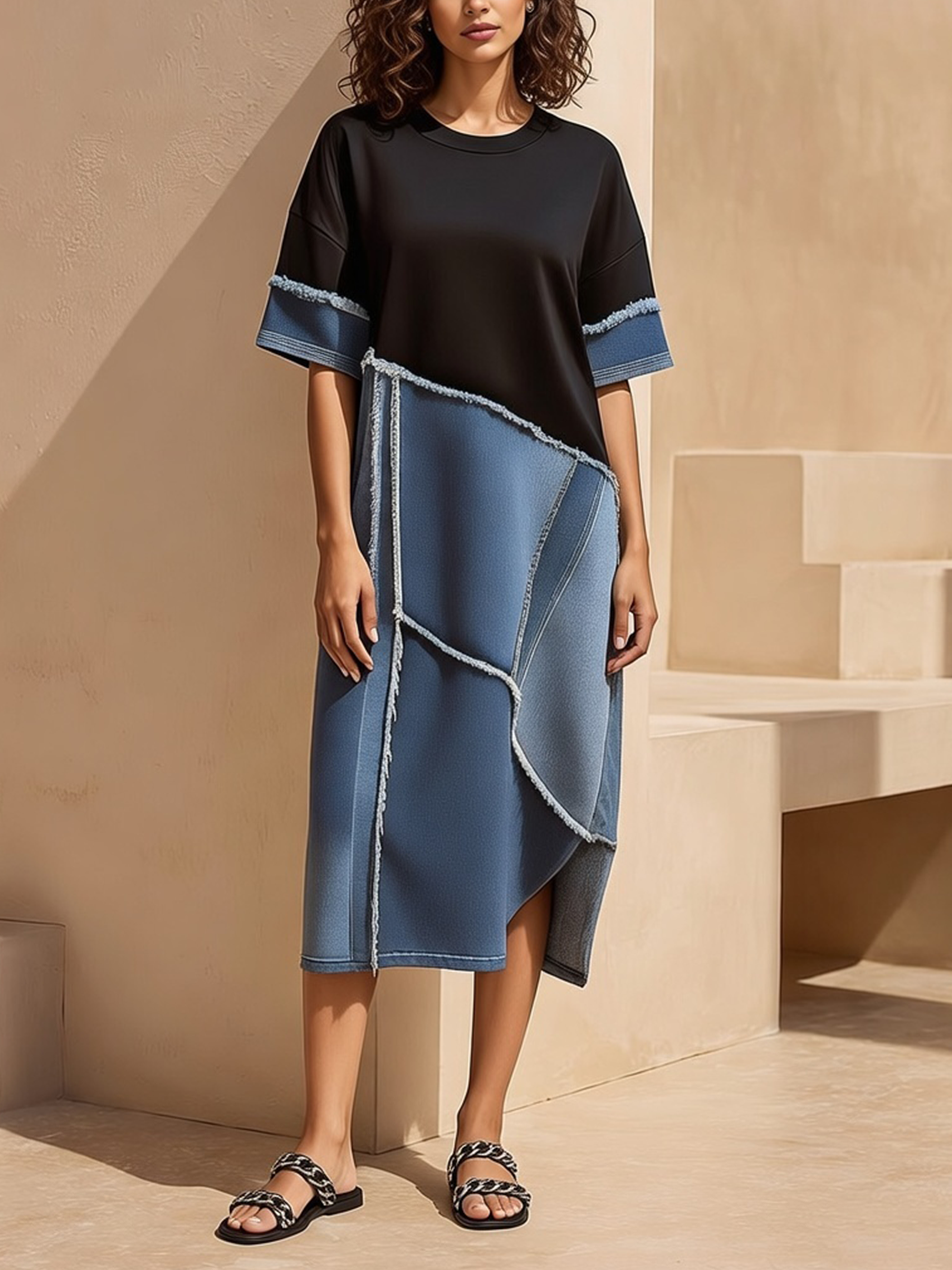 Black & Blue Patchwork Denim Midi Dress