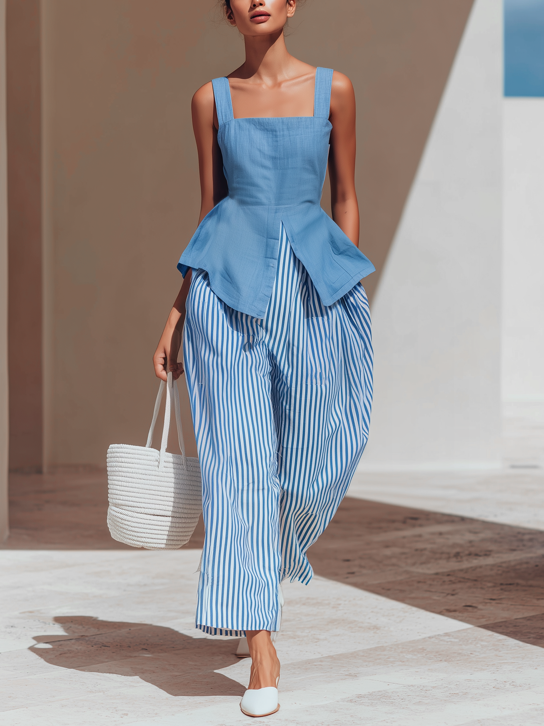Tencel Denim Top & Striped Wide-Leg Pants Two-Piece Set