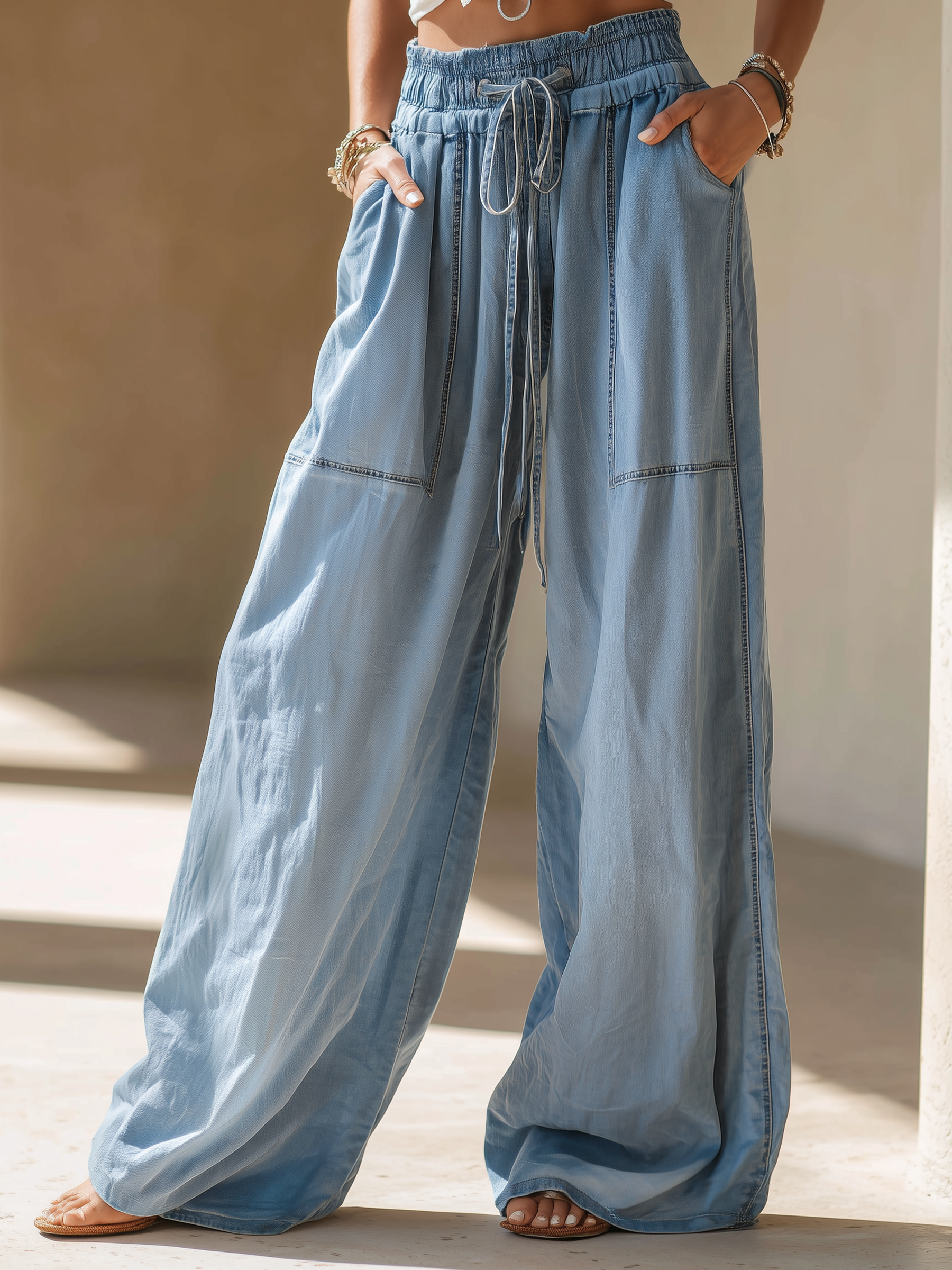Light Wash Wide-Leg Denim Pants – Drawstring Waist & Patch Pocket Detail