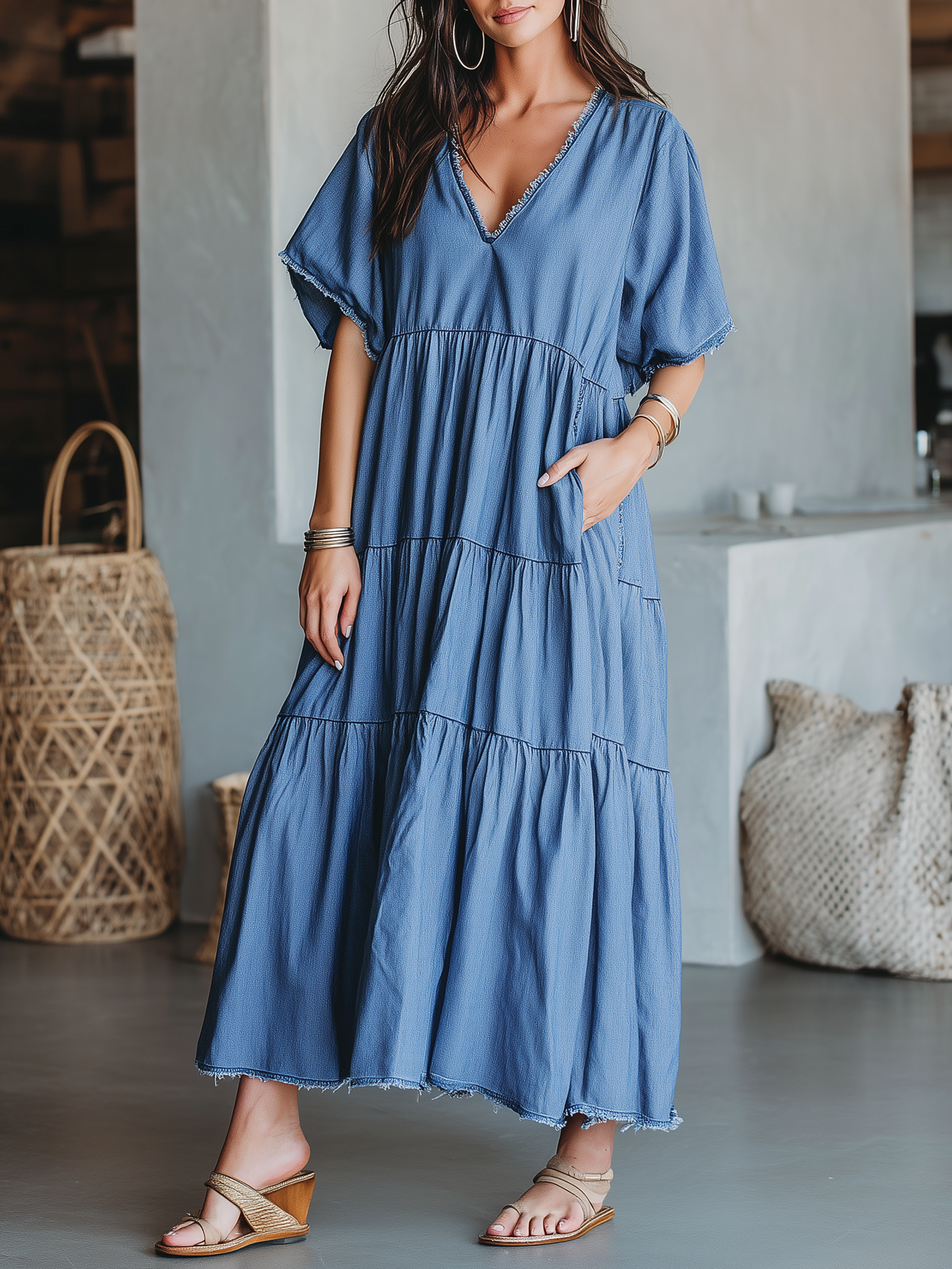 Light Blue Frayed Tiered Denim Maxi Dress