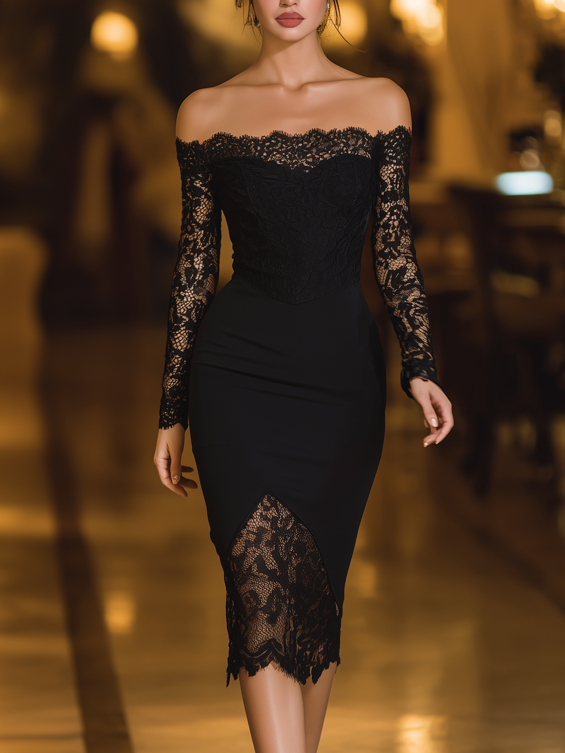 Elegant Off-Shoulder Lace Patchwork Midi Dress – Long Sleeve Slim-Fit Evening & Cocktail Dress For Women