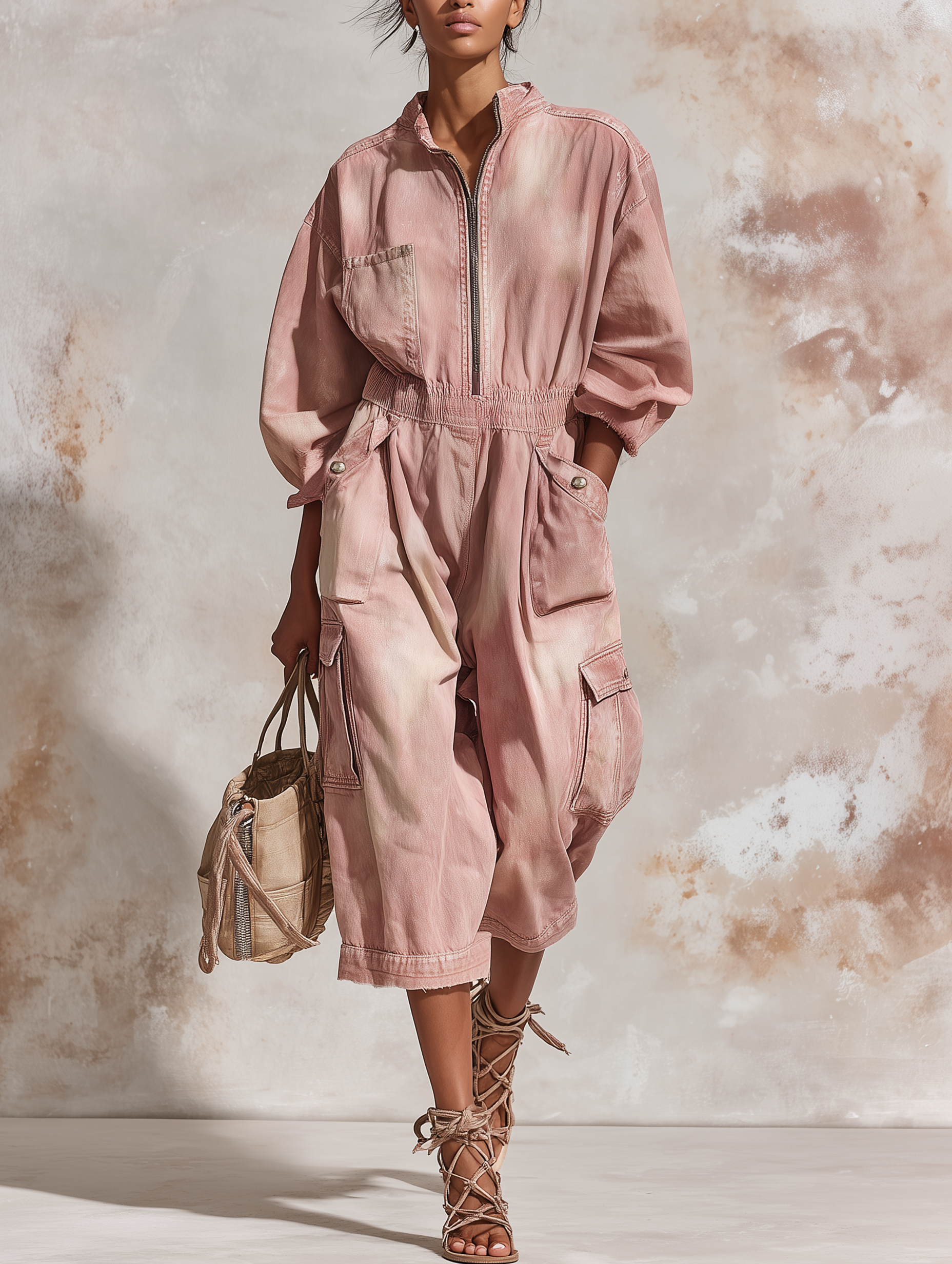 Light Pink Washed Utility Cargo Jumpsuit