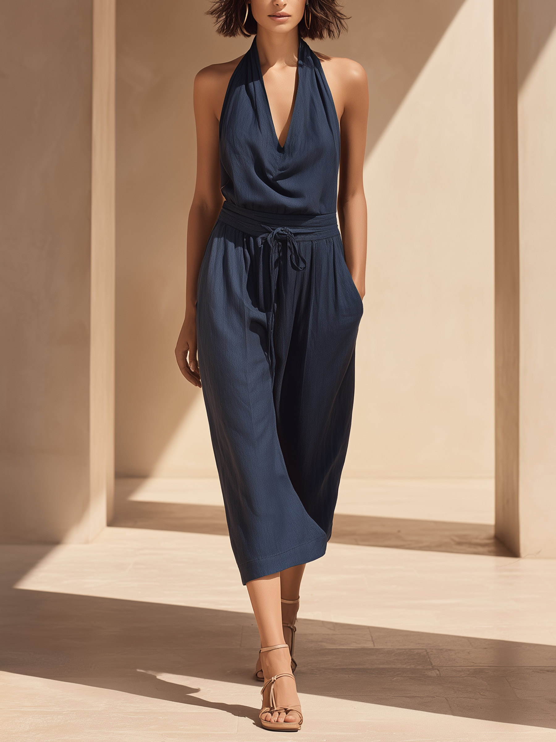 Halter Tie-Waist Denim Culotte Jumpsuit