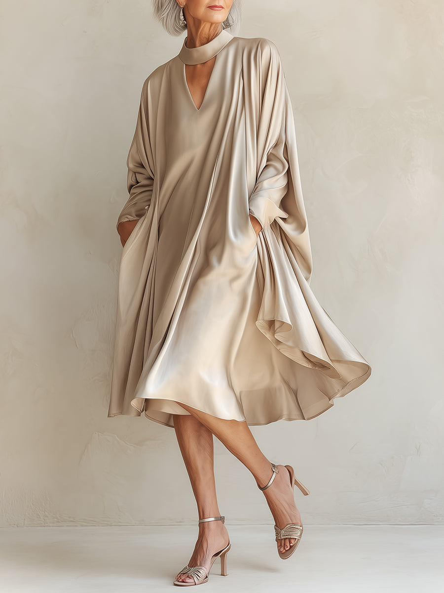 Elegant Batwing-Sleeve Midi Dress With Extra-Wide Hem