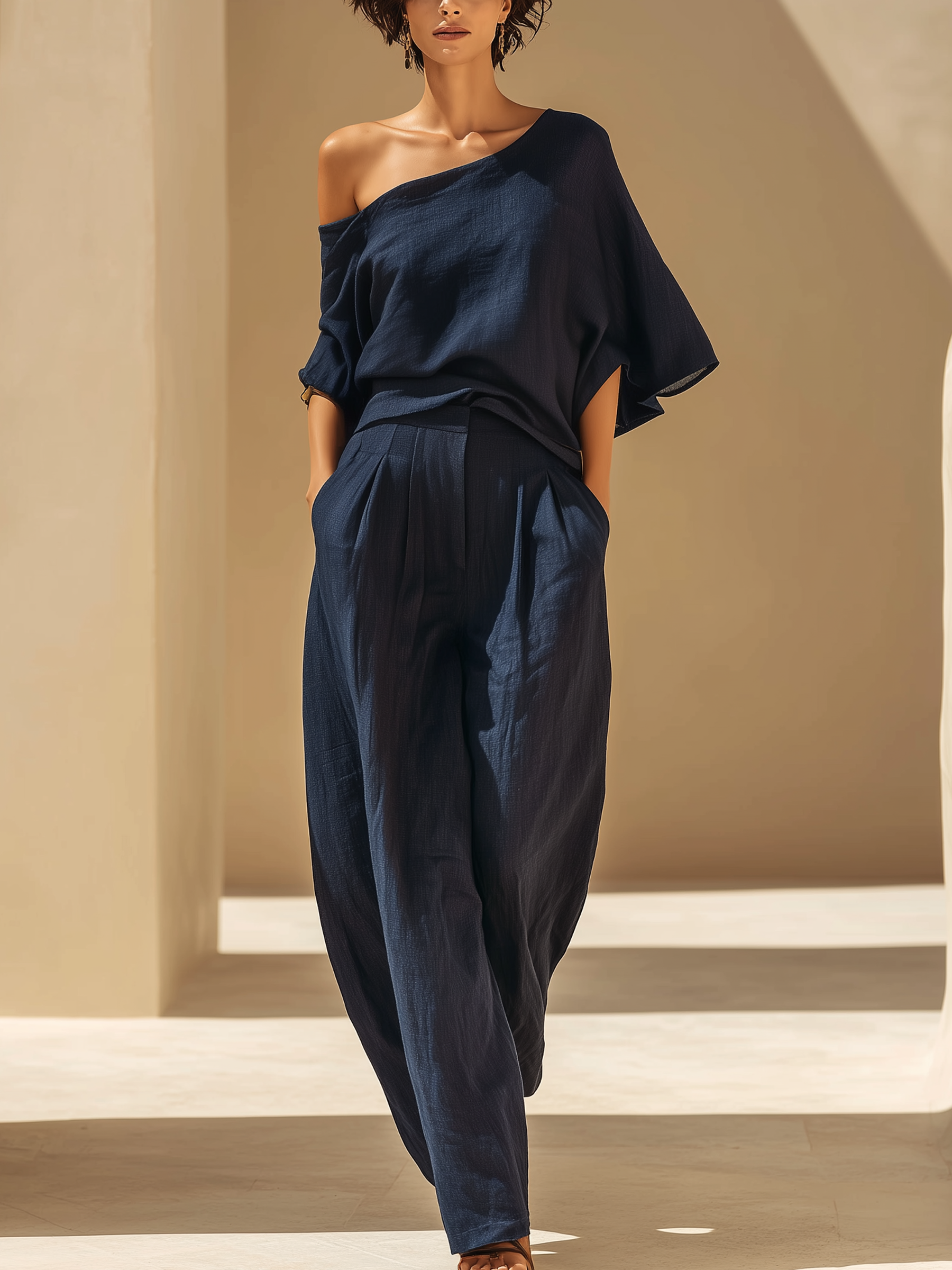 Navy Blue Tencel Denim One-Shoulder Two-Piece Set