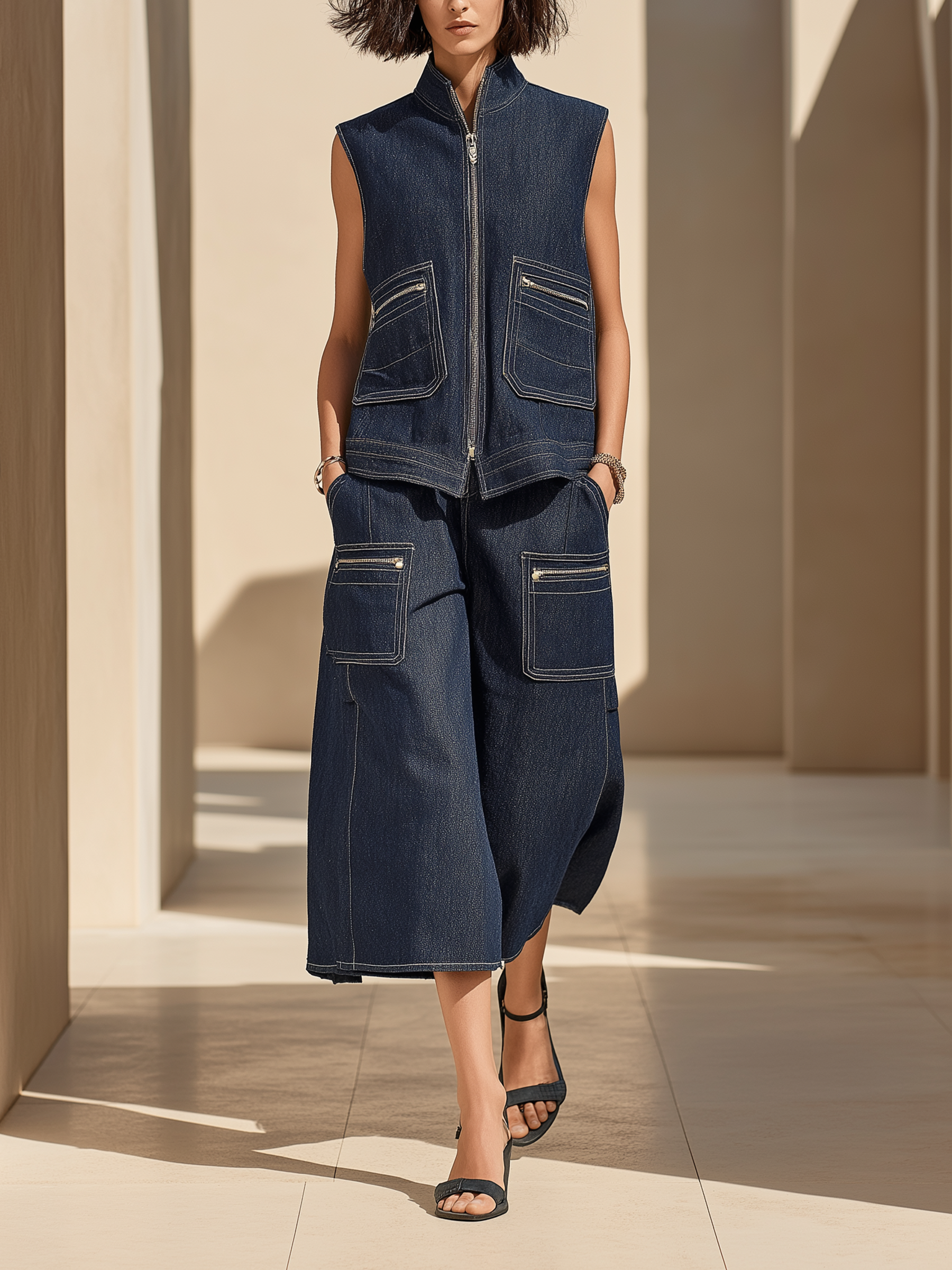 Dark Indigo Utility Pocket Sleeveless Denim Two-Piece Set