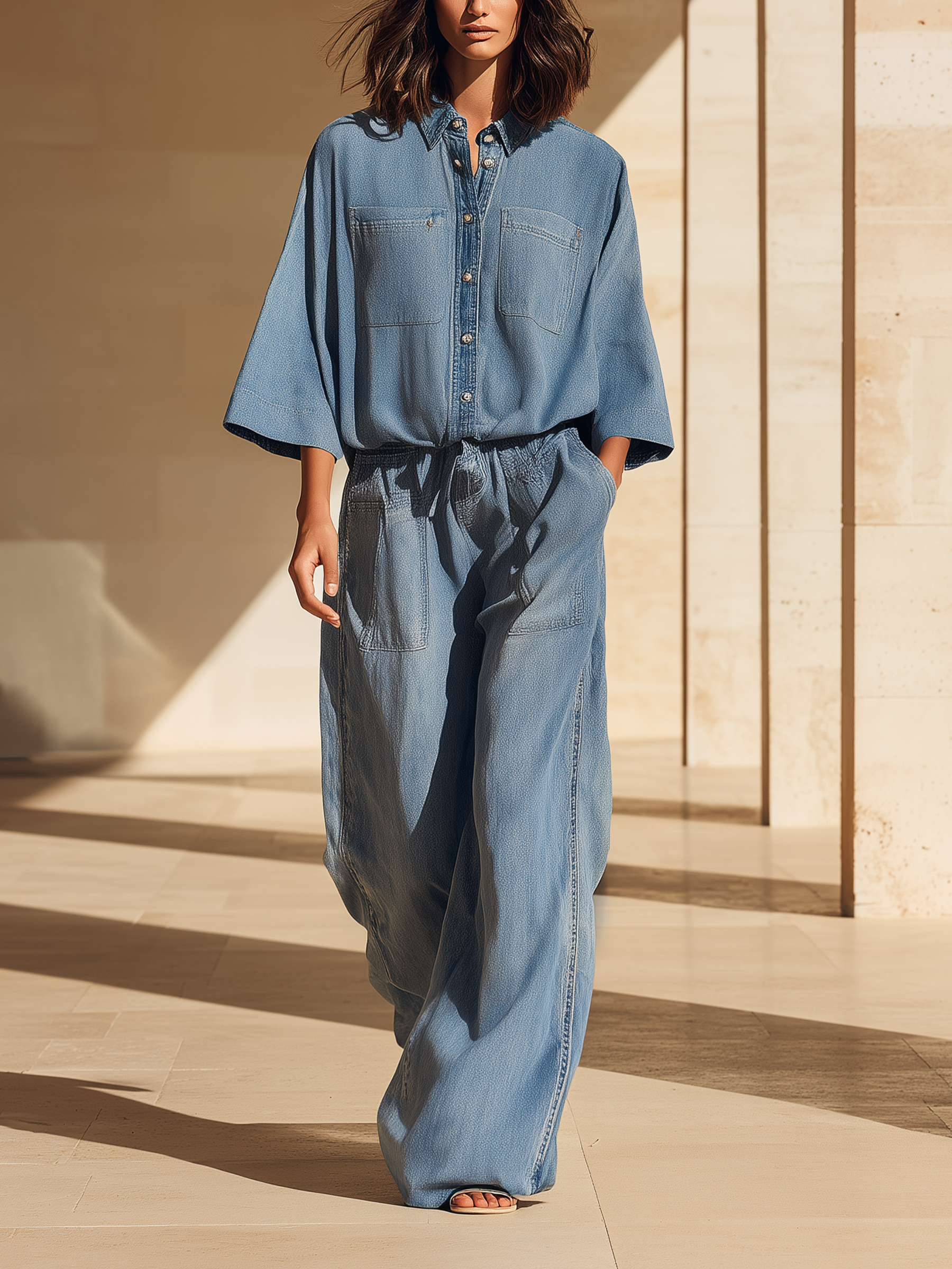 Light Wash Denim Oversized Half-Sleeve Wide-Leg Jumpsuit
