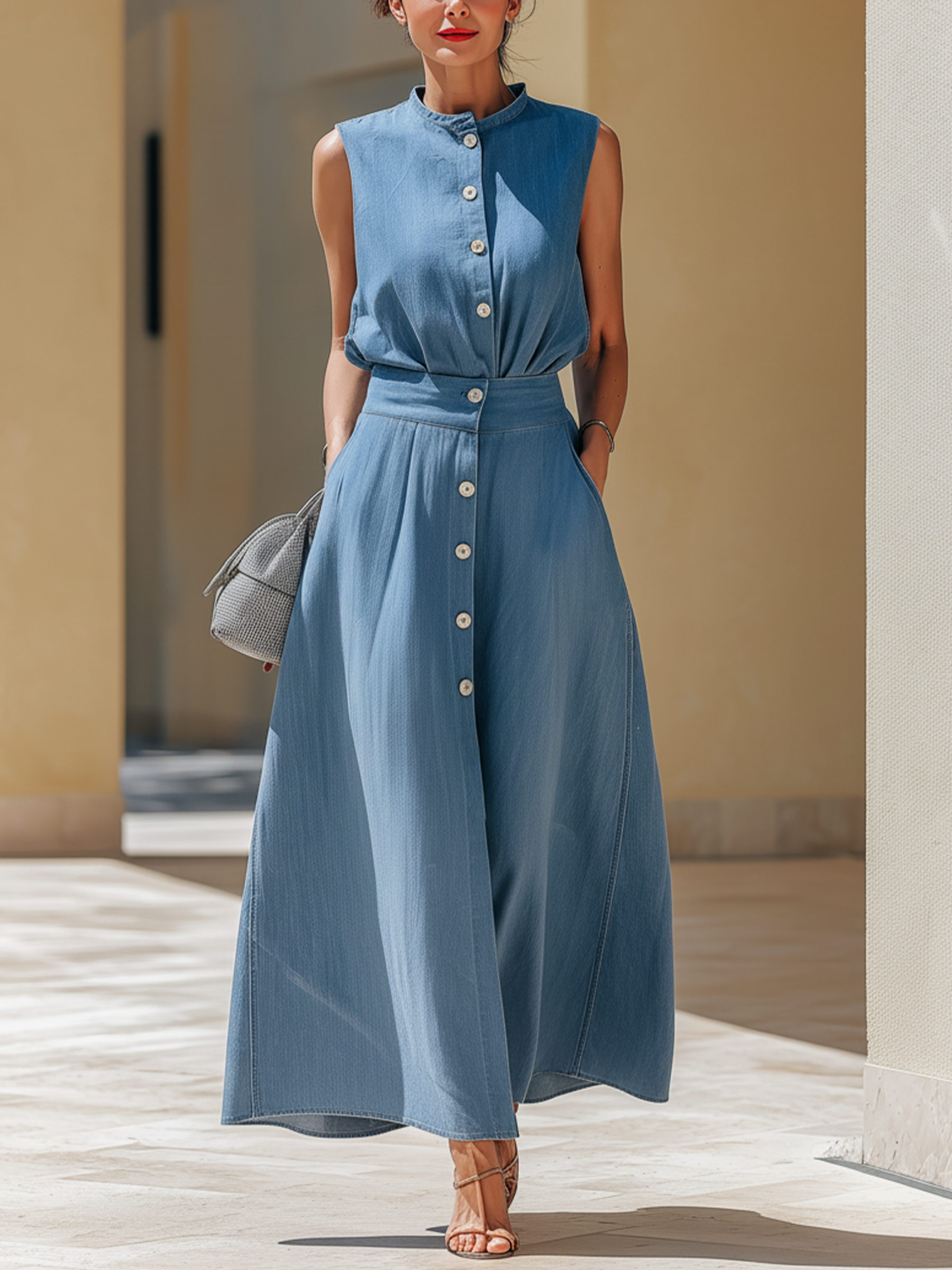 Sleeveless Button-Front Denim Two-Piece Set