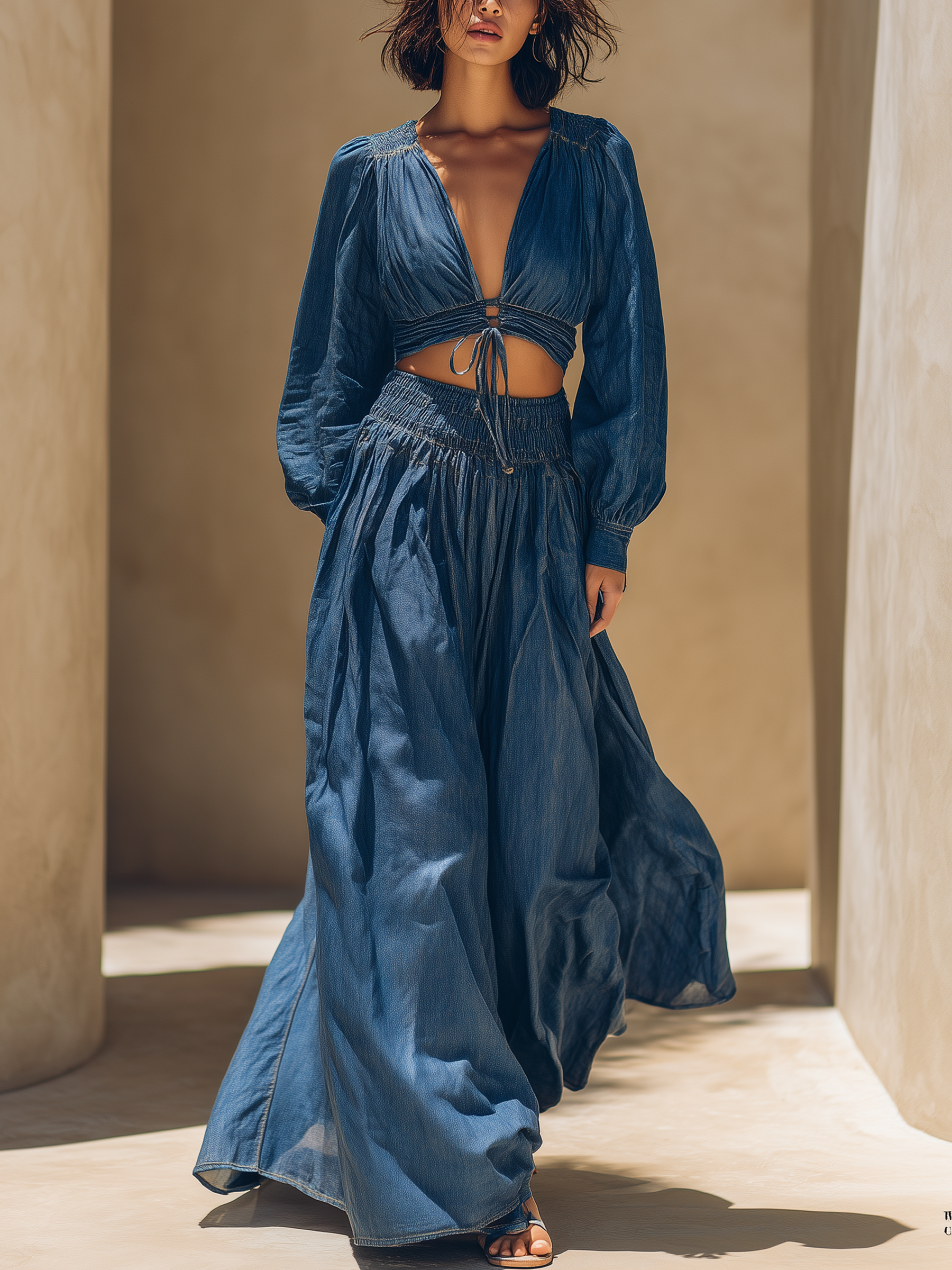 Women's Blue Denim Cutout Crop Top & Flowy Maxi Dress Set