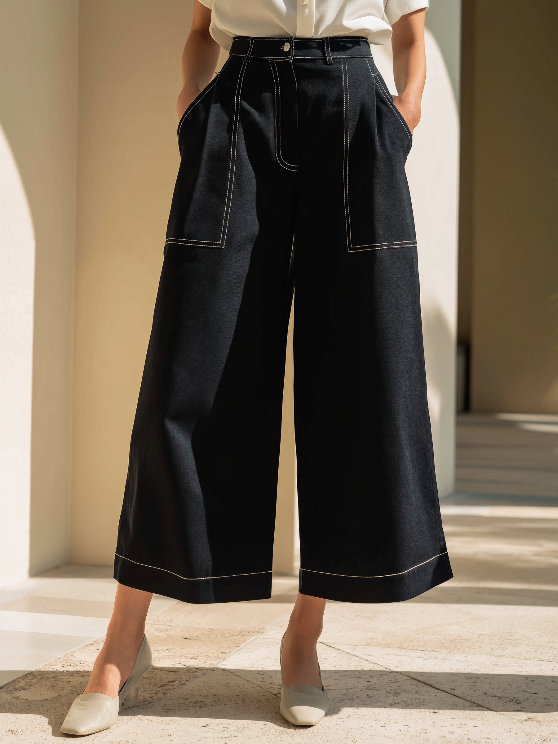 Contrast Stitch High-Waisted Denim Wide-Leg Pants