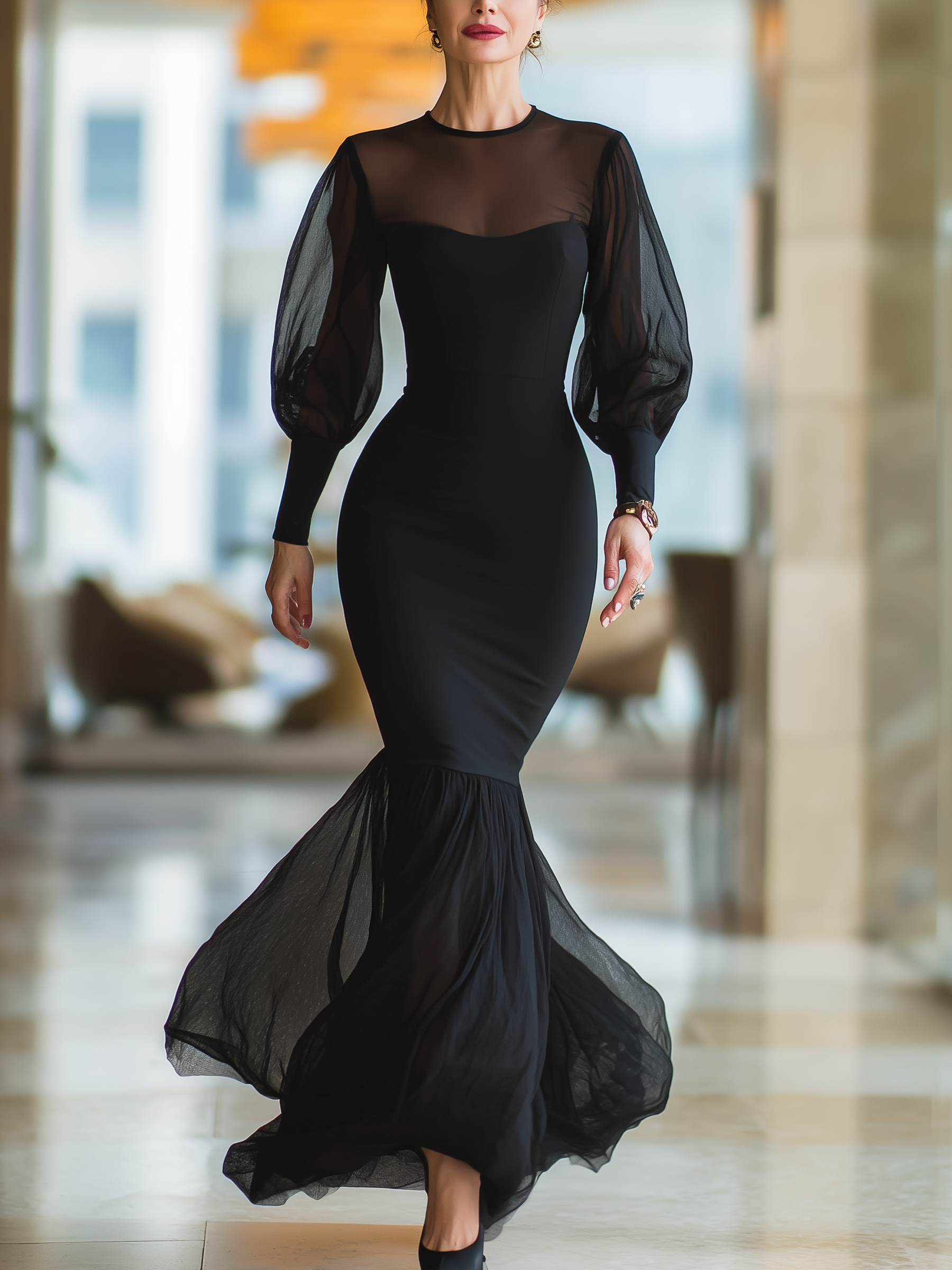 Elegant Black Mesh Mermaid Maxi Dress With Sheer Sleeves