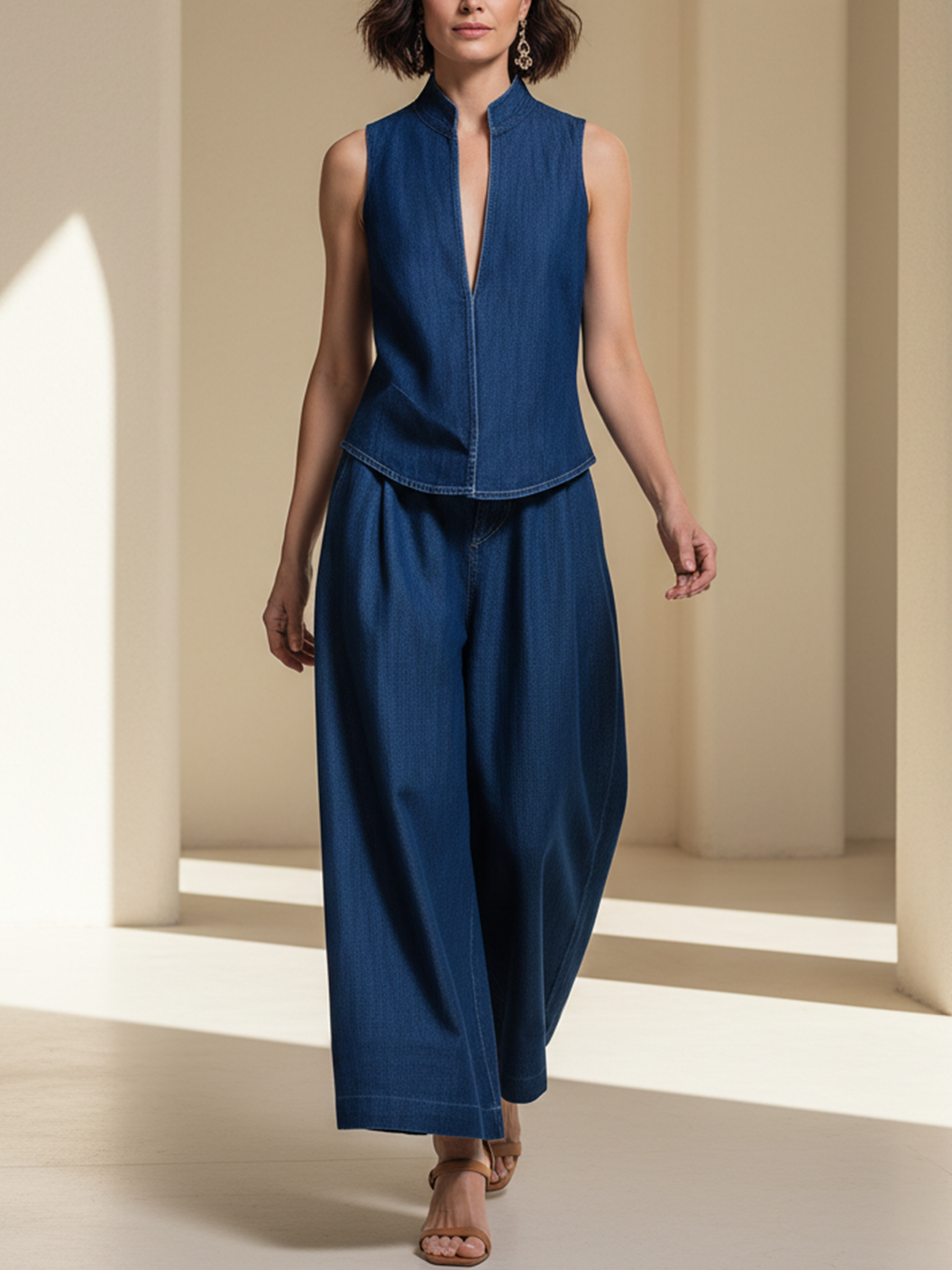 Elegant Denim Two-Piece Set - Sleeveless Stand Collar Top & Wide Leg Pants