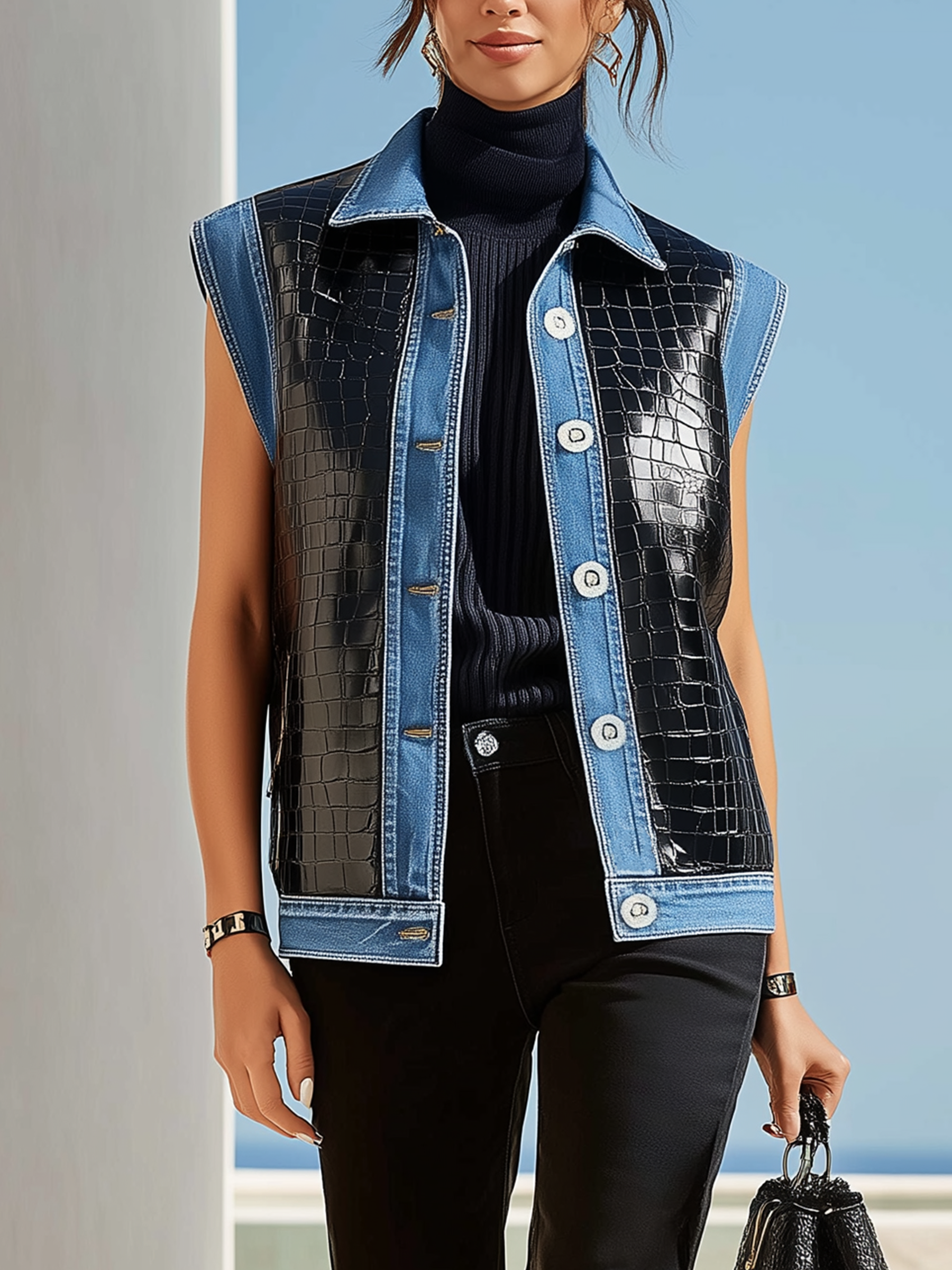 Croc-Embossed Faux Leather Panel Denim Vest