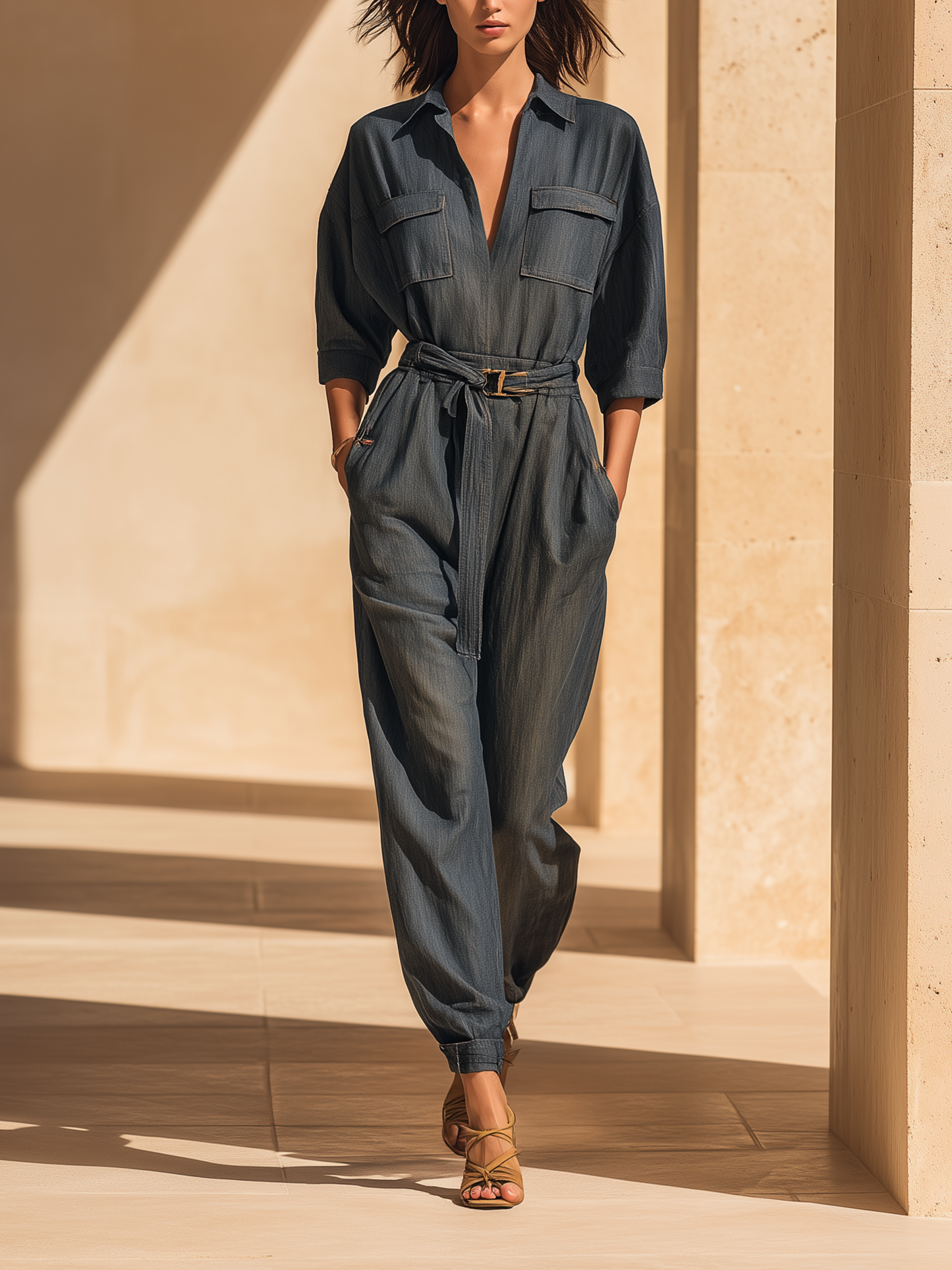 Mid Wash Pocketed Belted Denim Jumpsuit With Tapered Legs