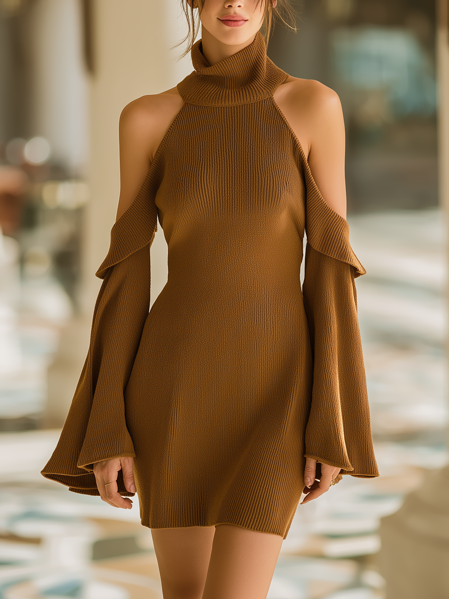 Camel Ribbed Knit Mini Dress With Cold Shoulder Design & Flared Long Sleeves