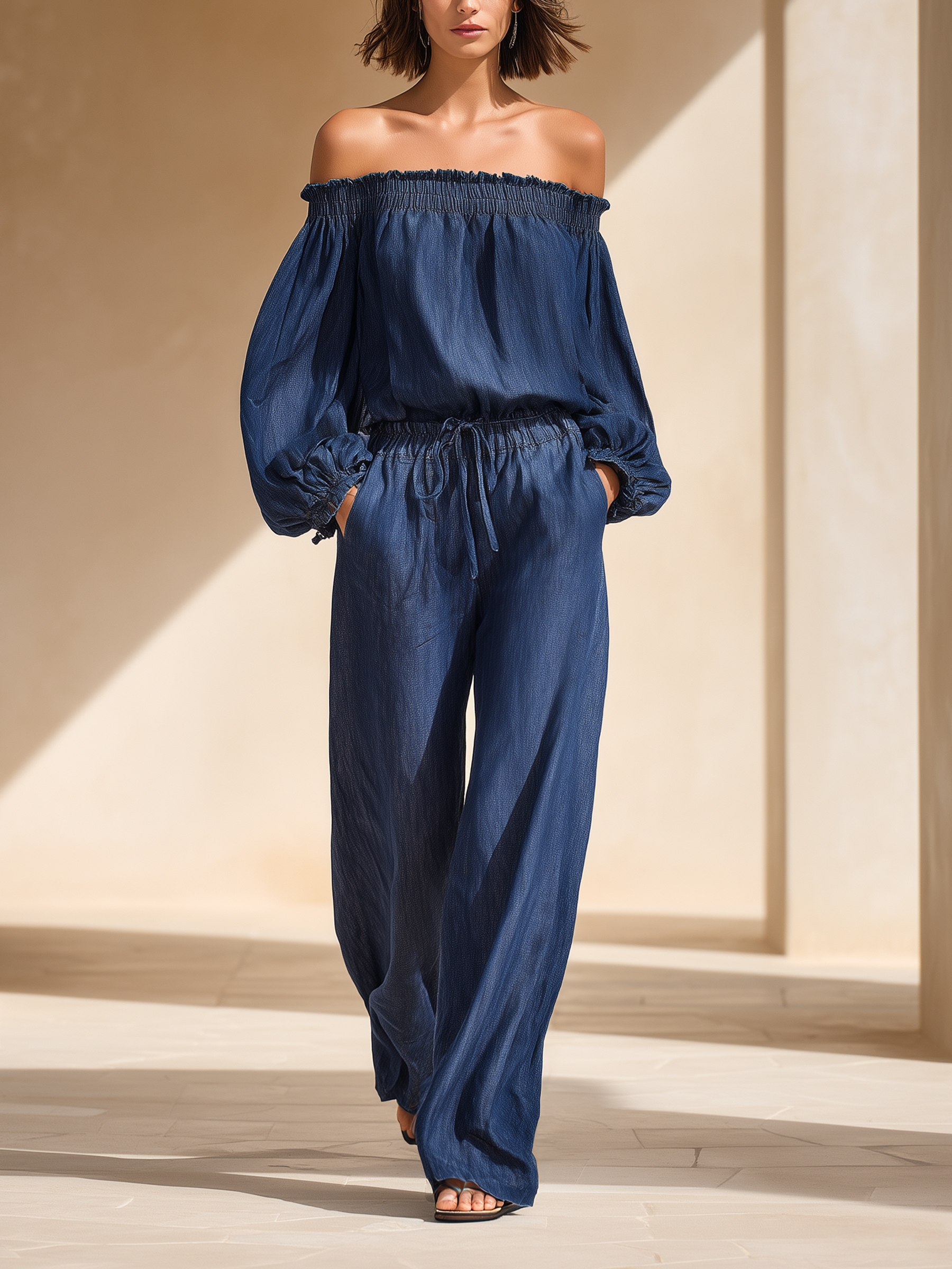 Cloud-Kissed Midnight Blue Off-the-Shoulder Denim Set