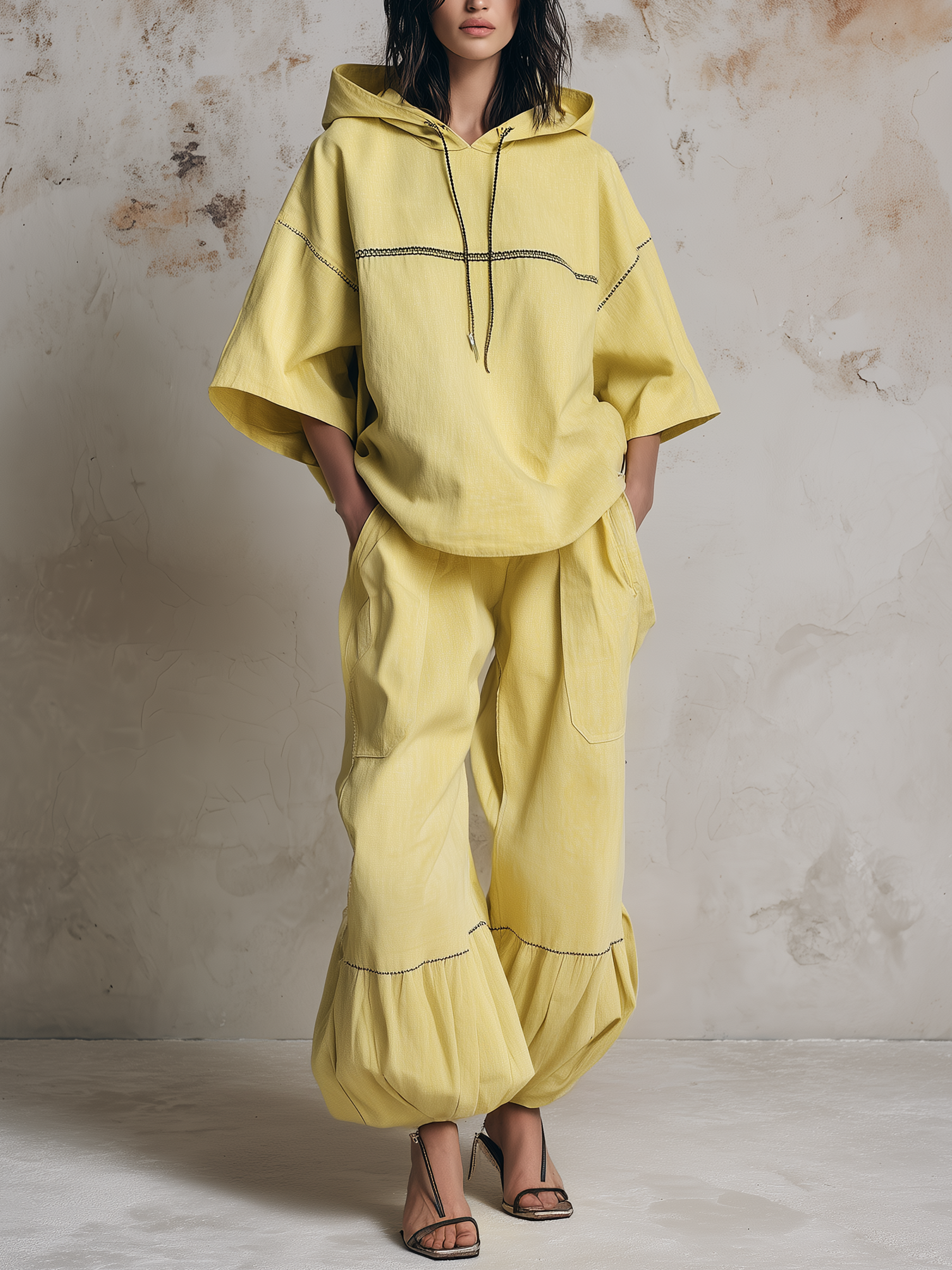 Contrast Stitch Hooded Top & Balloon Cropped Pants Two-Piece Set