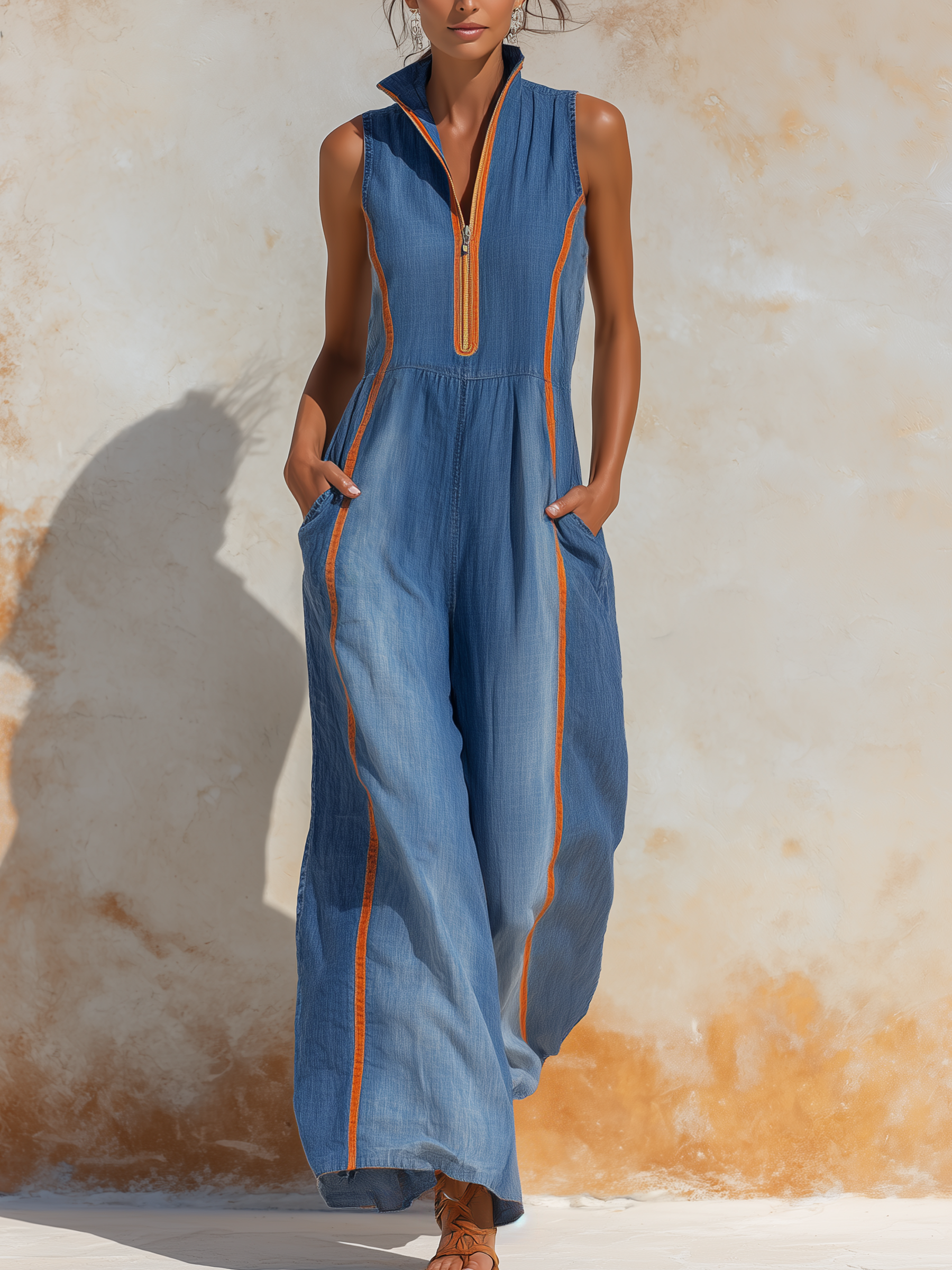 Sleeveless Denim Wide-Leg Jumpsuit With Orange Piping & Half-Zip