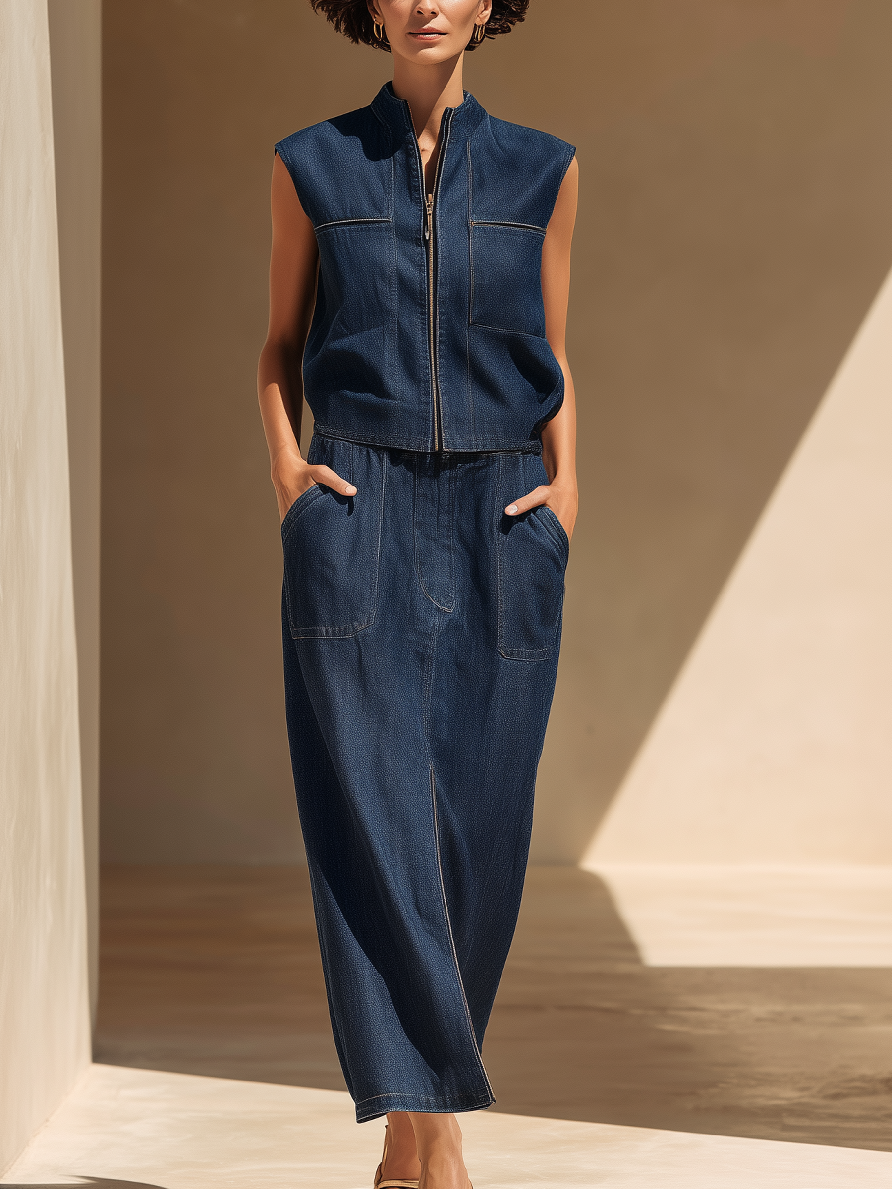 Navy Denim Two-Piece Set (Sleeveless Zip Vest + Midi Skirt)