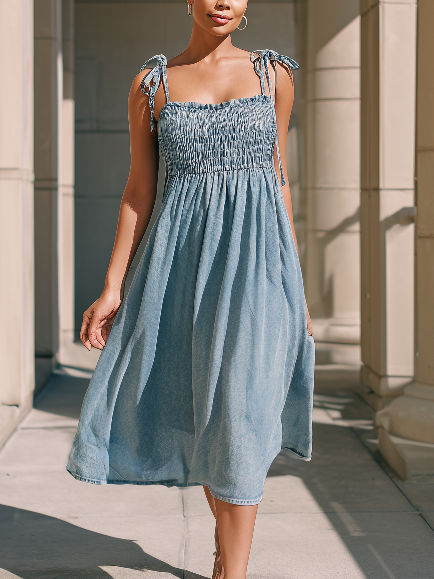 Tencel Denim Midi Dress With Tie Design