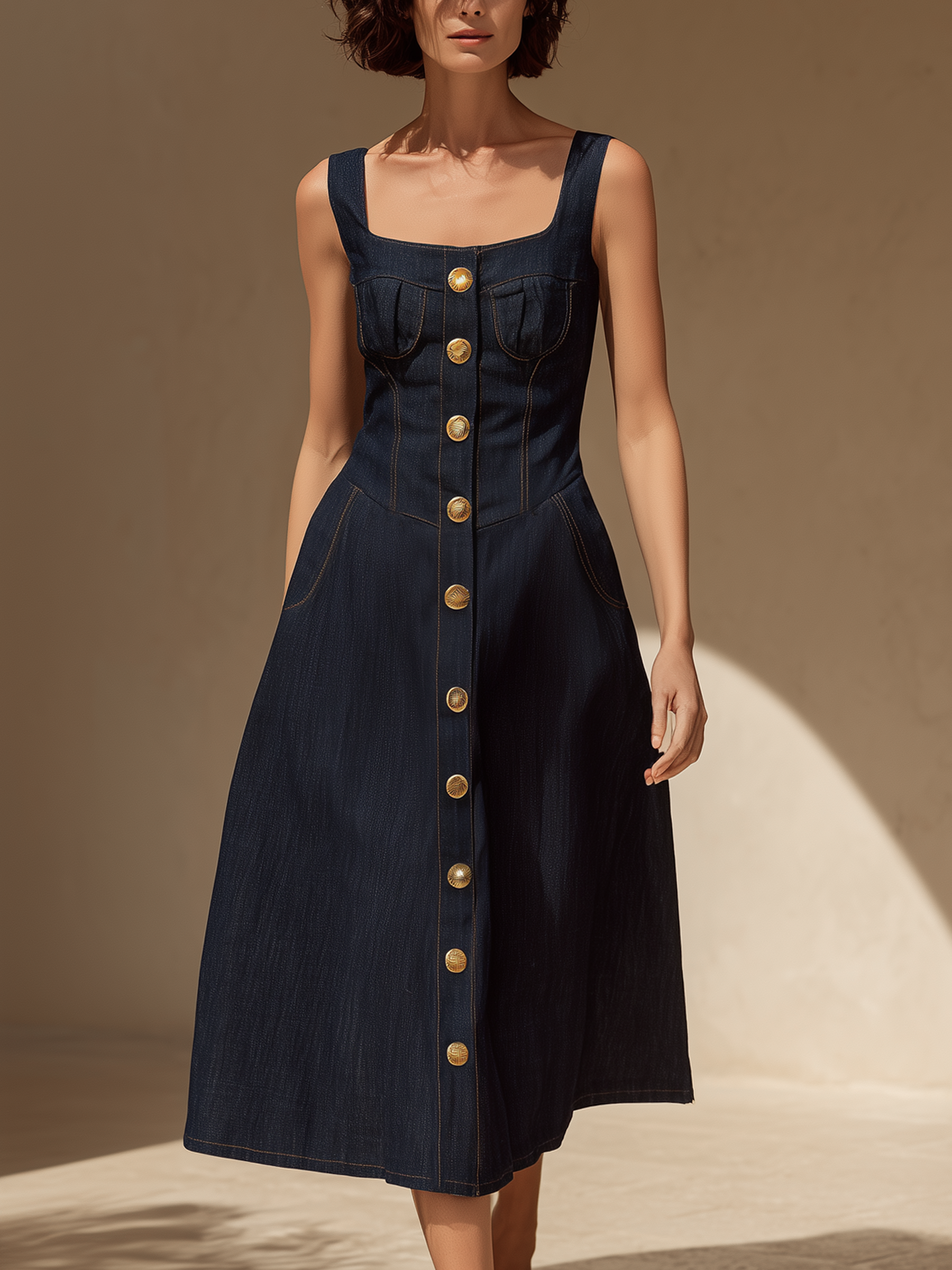 Denim Square Neck Button-Front Midi Dress