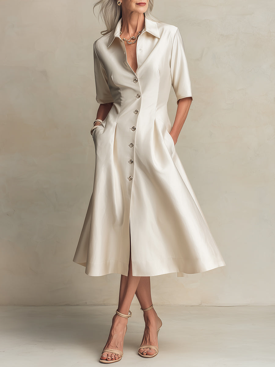 Elegant Satin A-Line Midi Dress With Cinched Waist