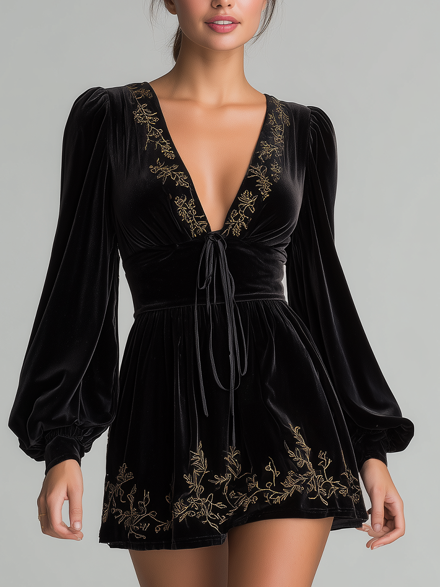 Black Velvet Mini Dress With Gold Vine Embroidery