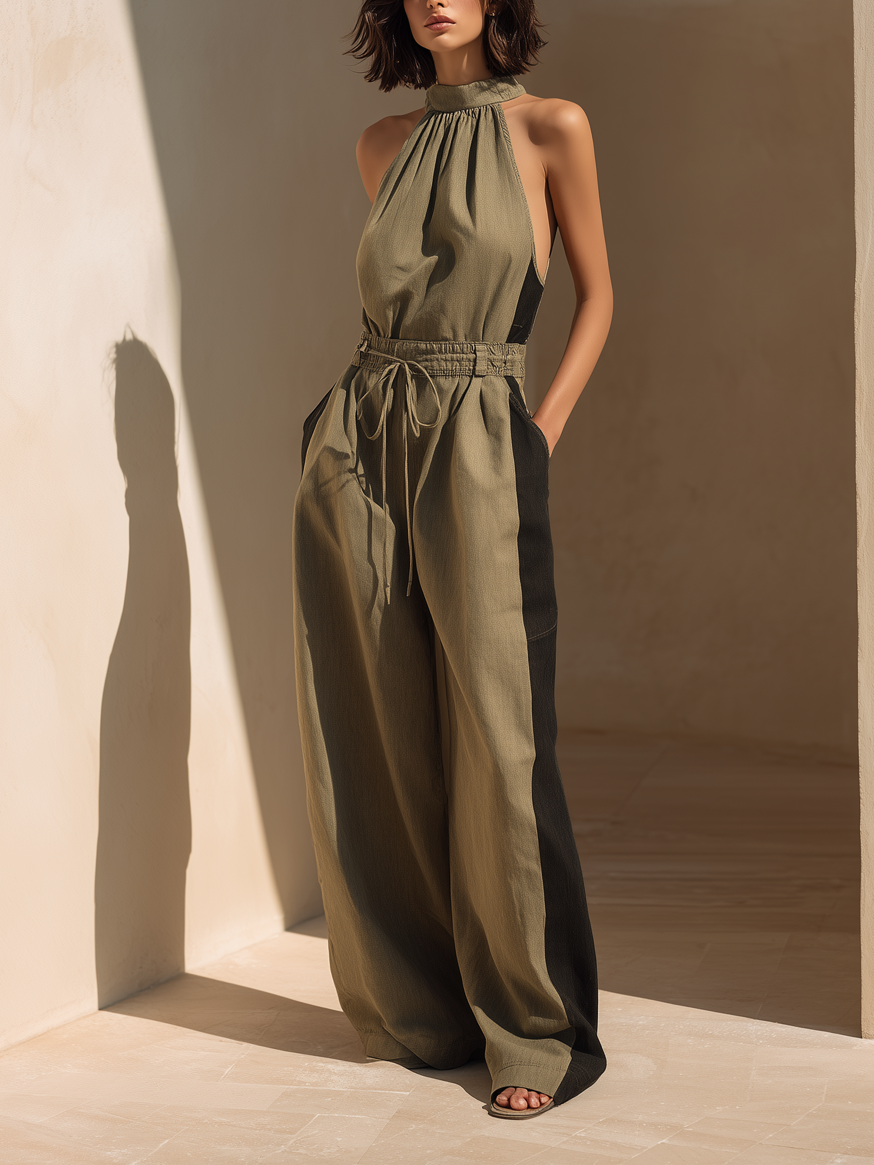 Halter Color-Block Wide-Leg Jumpsuit