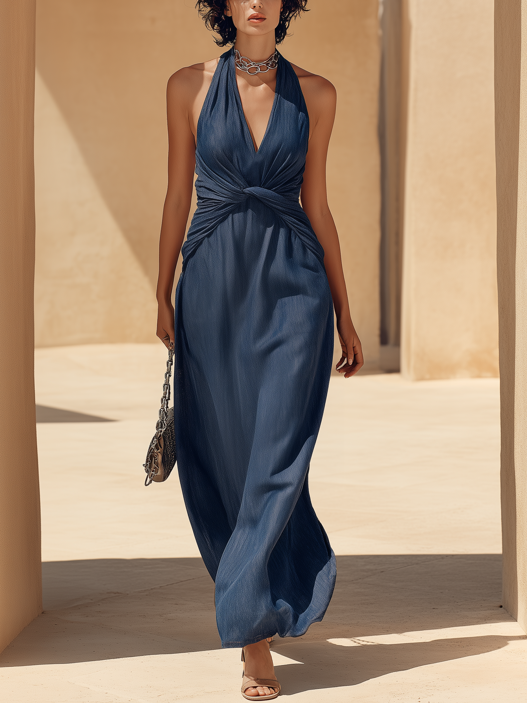 Navy Blue Denim Halter Maxi Dress With Twisted Waist Detail