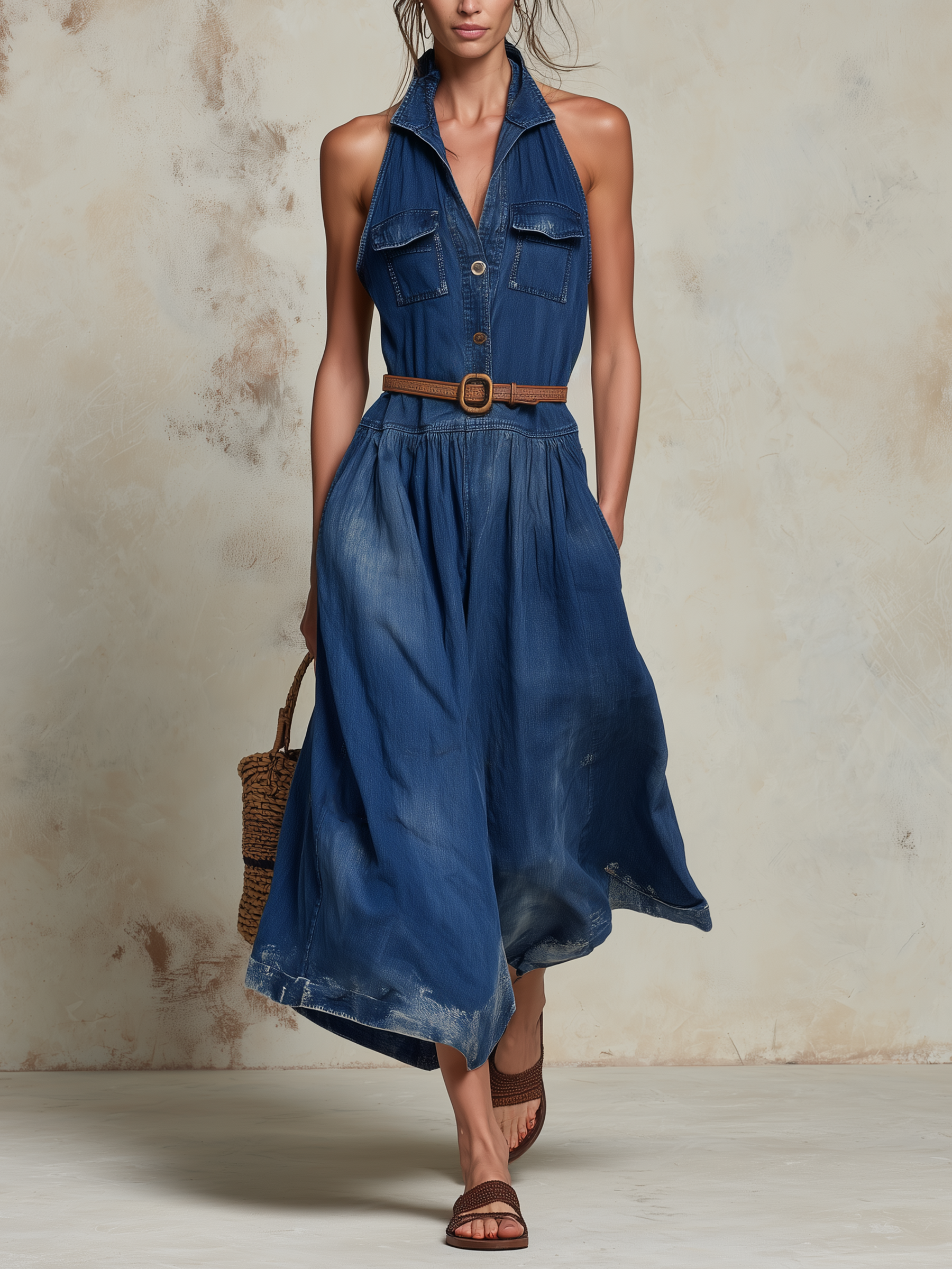 Vintage Washed Halter Utility Denim Midi Dress