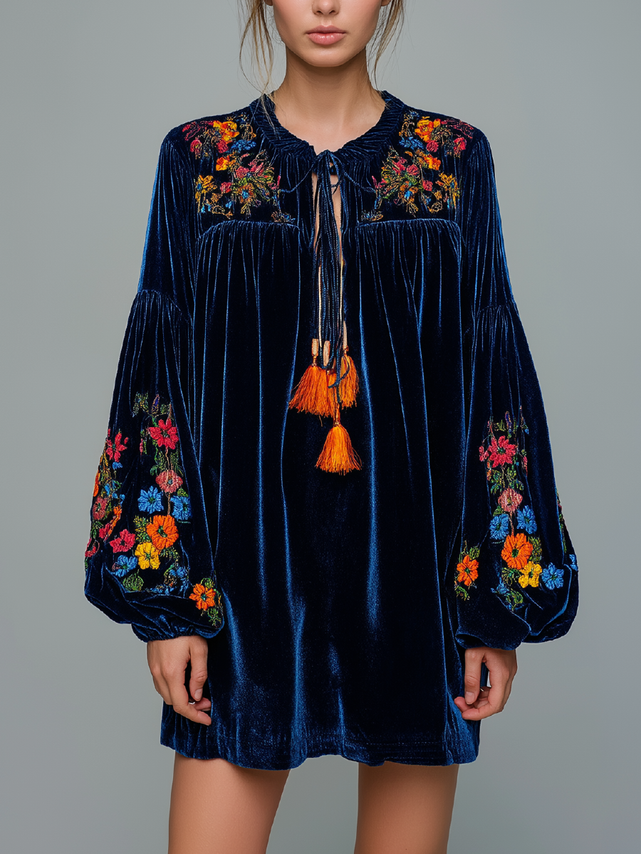 Navy Blue Velvet Colorful Floral Embroidery Tassel Tie Puff Sleeve Bohemian Retro Loose Mini Dress