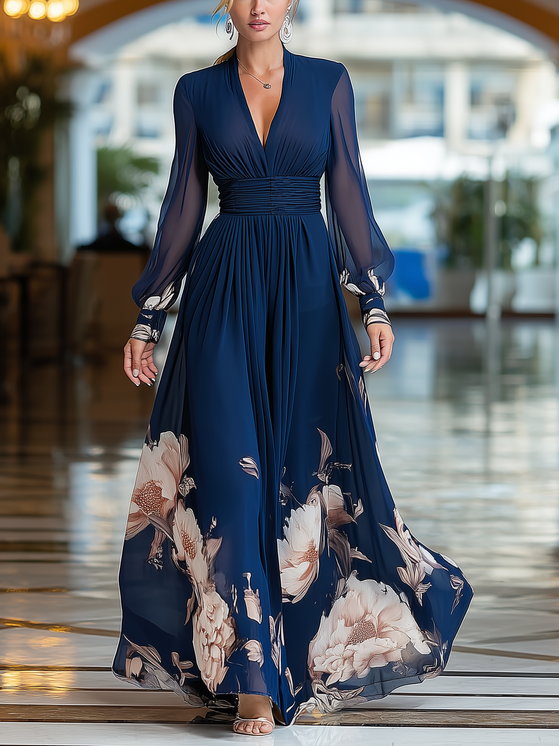 Women’s Elegant Floral Maxi Dress Witn Deep V Neck, Long Sheer Sleeves, Pleated Waist,