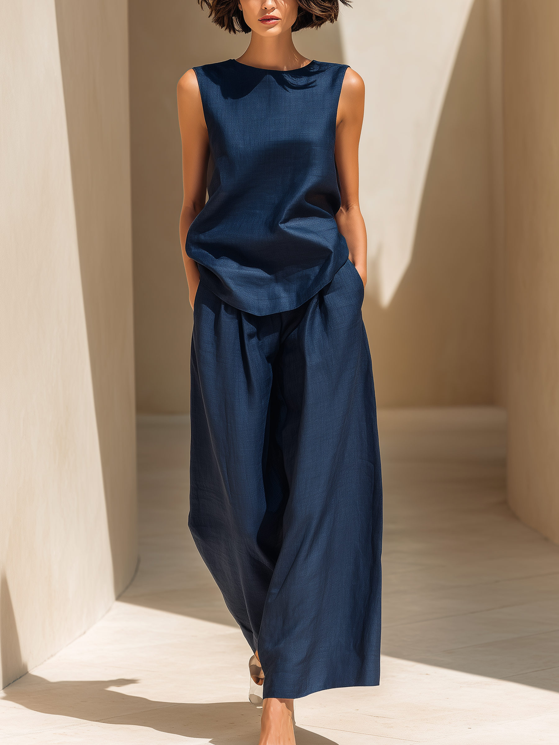 Navy Denim Two-Piece Set (Sleeveless Top + Wide-Leg Pants)