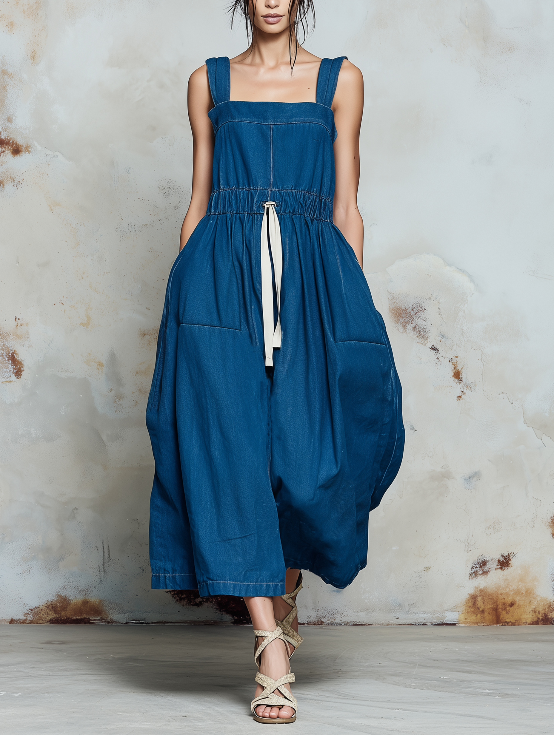 Drawstring Waist Denim Midi Dress