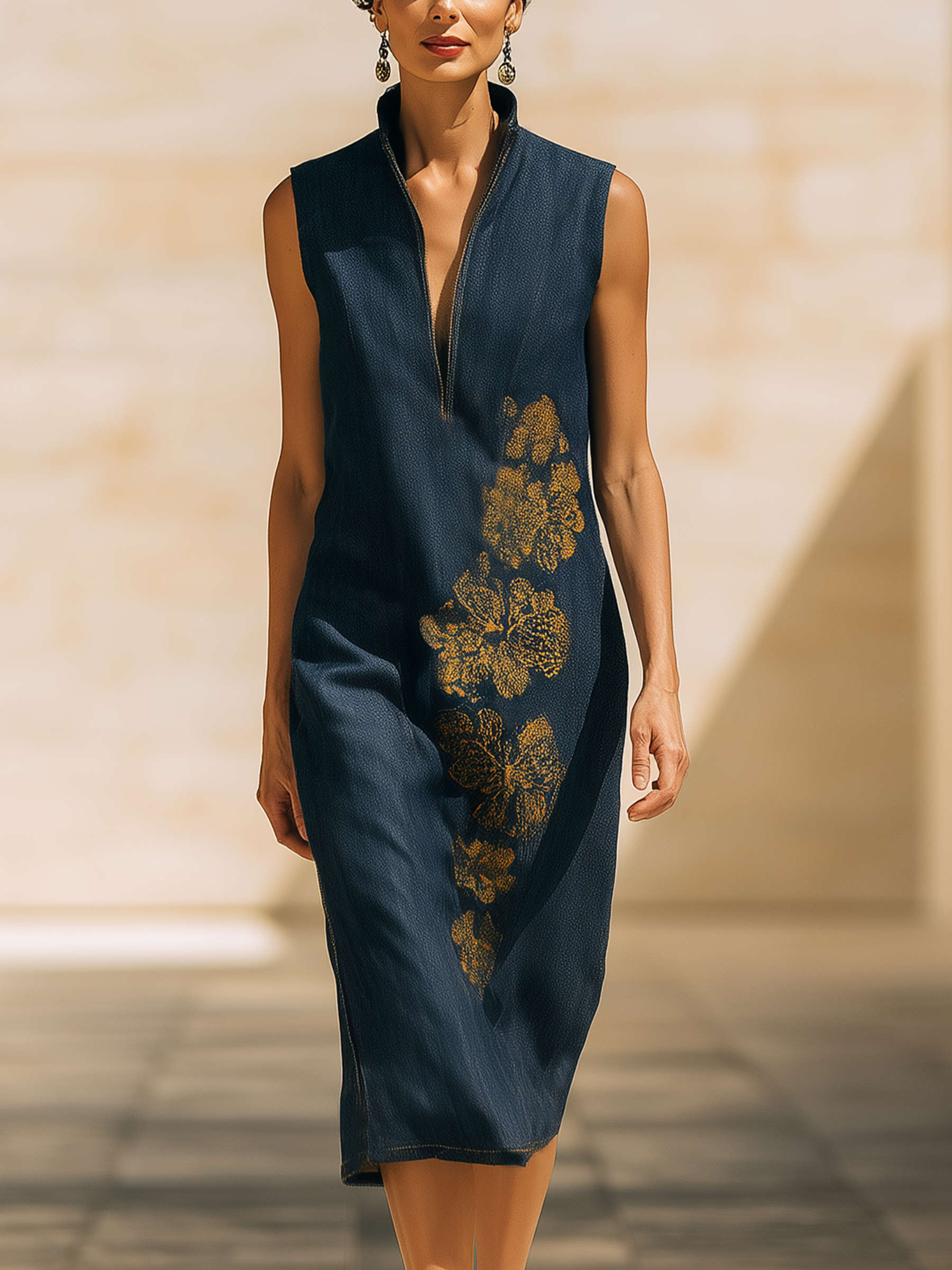 Dark Wash Denim Midi Dress With Gold Foil Floral Print
